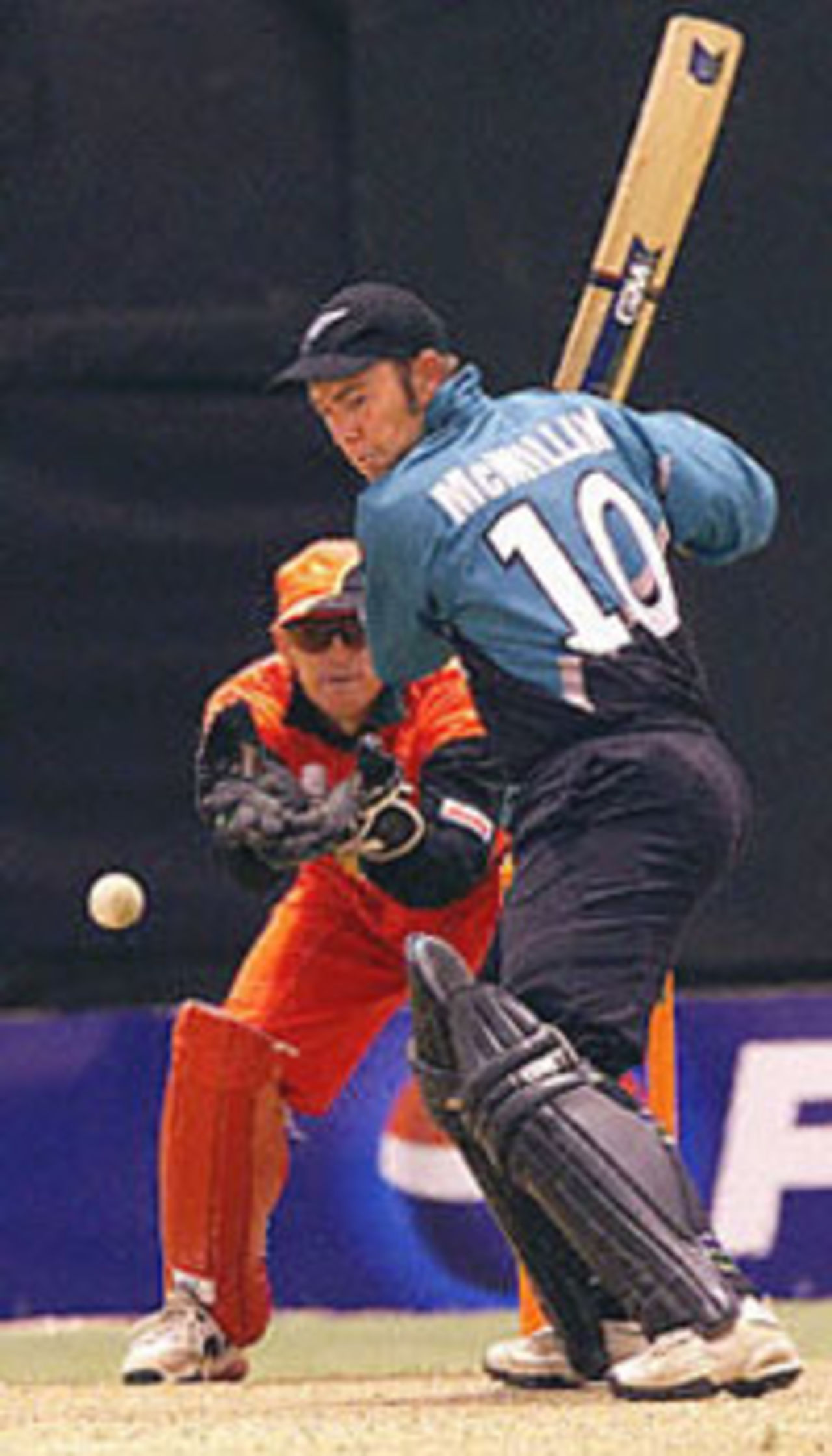 McMillan goes on the backfoot to drive the ball through the off-side, ICC KnockOut, 2000/01, 3rd Quarter Final, New Zealand v Zimbabwe, Gymkhana Club Ground, Nairobi, 09 October 2000.