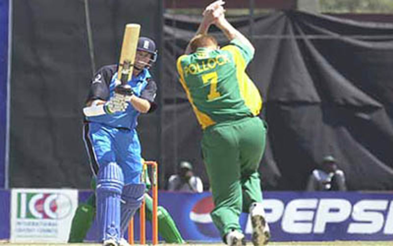 Pollock takes evasive action as Trescothick plays a straight drive back past the bowler, ICC KnockOut, 2000/01, 4th Quarter Final, England v South Africa, Gymkhana Club Ground, Nairobi, 10 October 2000.