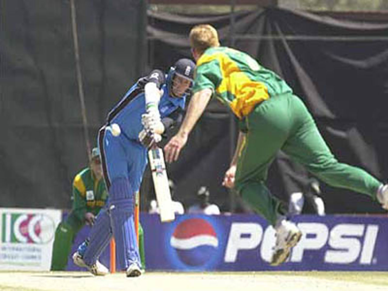 Trescothick shows the full face of the bat as he plays a Pollock delivery, ICC KnockOut, 2000/01, 4th Quarter Final, England v South Africa, Gymkhana Club Ground, Nairobi, 10 October 2000.