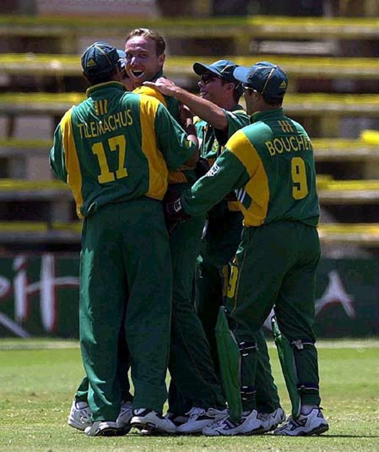 10 Oct 2000: Allan Donald of South Africa celebrates taking the wicket of Alec Stewart of England during the England v South Africa second round match of the ICC Knockout tournament at the Gymkhana Club Ground, Nairobi, Kenya.