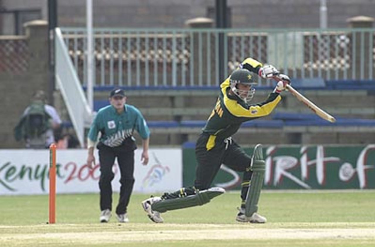 Imran Nazir plays a glorious cover drive off the front foot. ICC KnockOut 2000/01, 1st Semi Final, New Zealand v Pakistan Gymkhana Club Ground, Nairobi, 11 October 2000