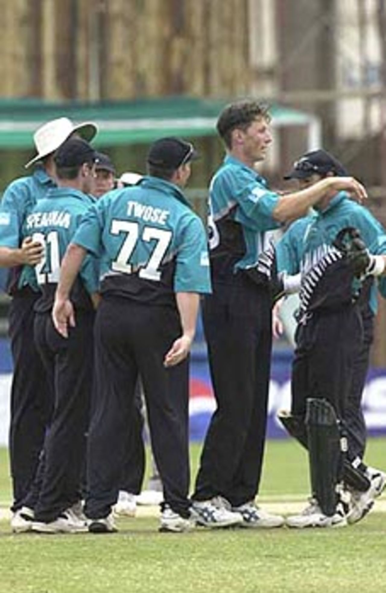 New Zealand team celebrates the fall of a wicket. ICC KnockOut 2000/01, 1st Semi Final, New Zealand v Pakistan Gymkhana Club Ground, Nairobi, 11 October 2000
