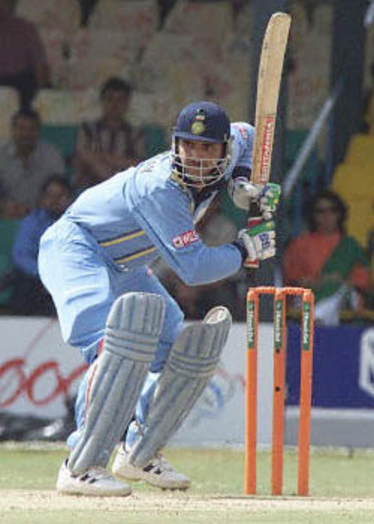 Sourav Ganguly launching himself into a drive, ICC KnockOut, 2000/01, 2nd Semi Final, India v South Africa, Gymkhana Club Ground, Nairobi, 13 October 2000.