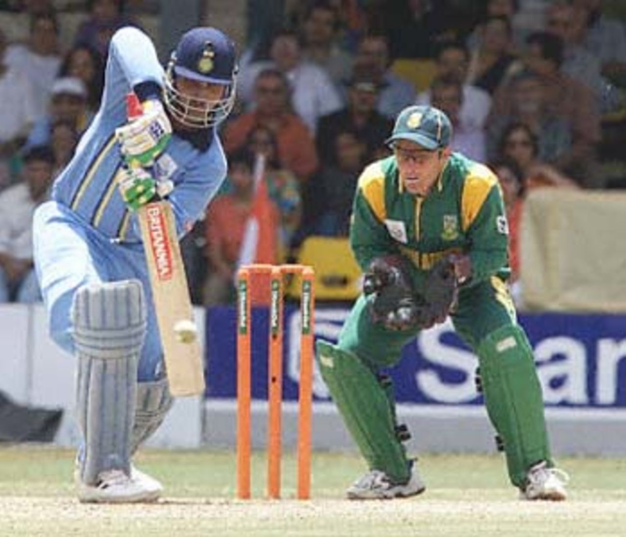 Ganguly committed on the front foot tries to turn the ball to the off side, ICC KnockOut, 2000/01, 2nd Semi Final, India v South Africa, Gymkhana Club Ground, Nairobi, 13 October 2000.