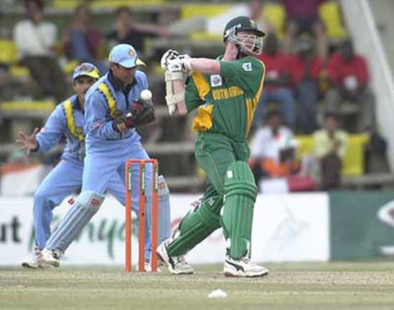 Dahiya in the process of pouching Klusener's nick. ICC KnockOut 2000/01, 2nd Semi Final, India v South Africa, Gymkhana Club Ground, Nairobi, 13 October 2000
