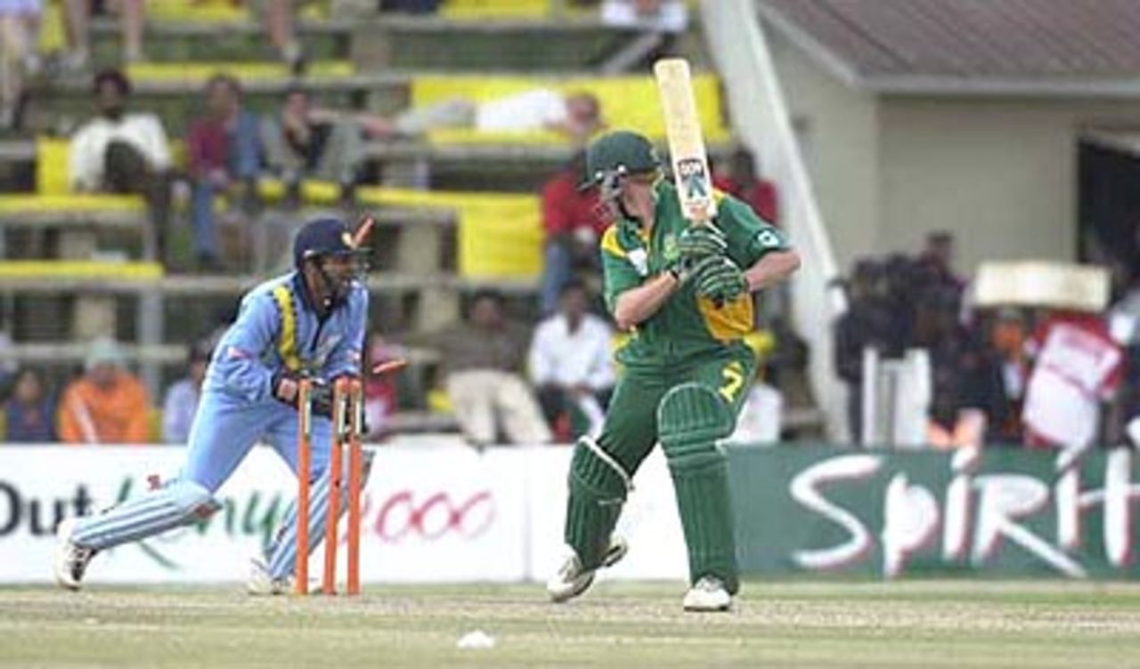 Dahiya effects a neat stumping to dismiss Pollock. ICC KnockOut 2000/01, 2nd Semi Final, India v South Africa, Gymkhana Club Ground, Nairobi, 13 October 2000
