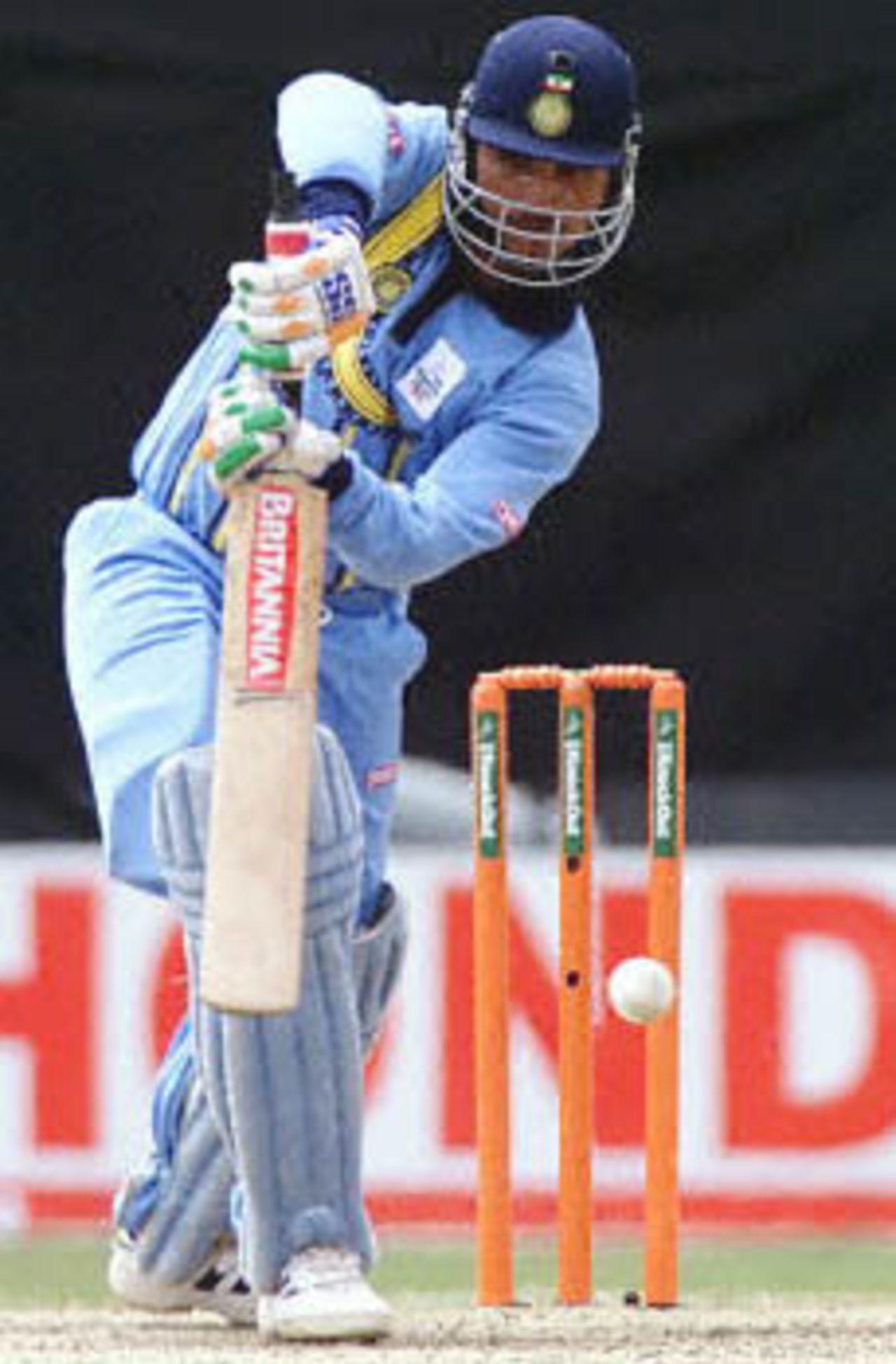 Sourav Ganguly plays with the full face of the bat, ICC KnockOut, 2000/01, Final, India v New Zealand, Gymkhana Club Ground, Nairobi, 15 October 2000.