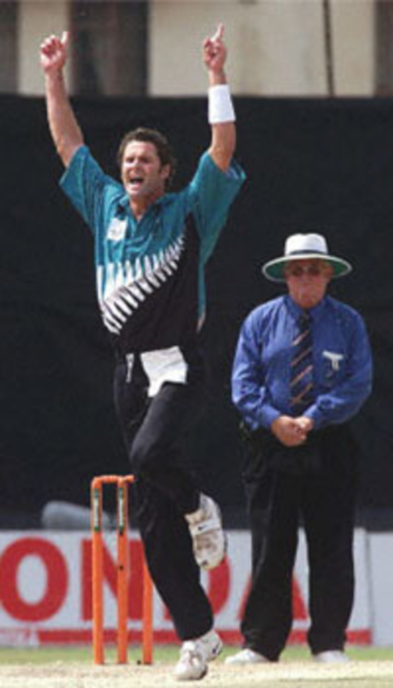 Chris Cairns appeals as Umpire Shepherd is unmoved, ICC KnockOut, 2000/01, Final, India v New Zealand, Gymkhana Club Ground, Nairobi, 15 October 2000.