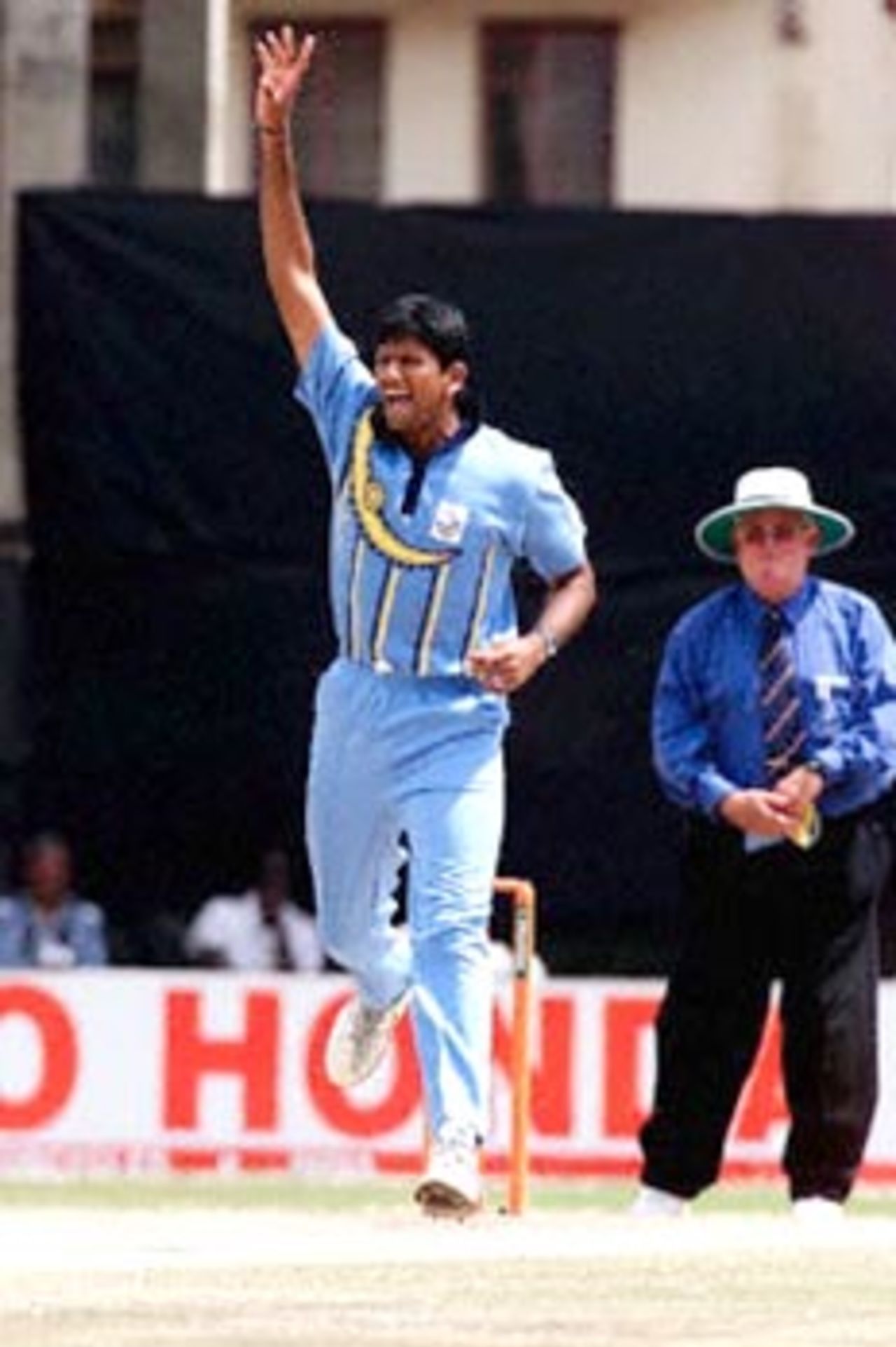 A jubiliant Prasad after picking up the wicket of Fleming. ICC KnockOut 2000/01, Final, India v New Zealand, Gymkhana Club Ground, Nairobi 15 October 2000