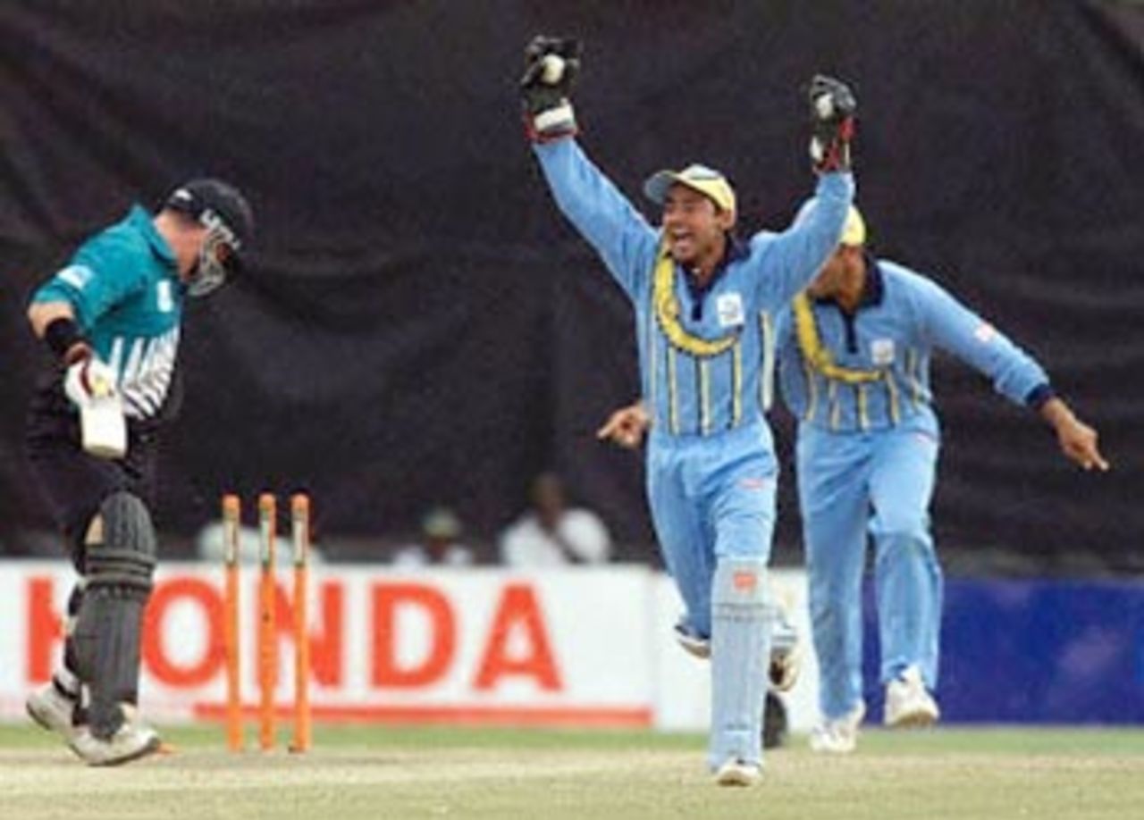Dahiya celebrates after effecting a stumping of Twose off Kumble. ICC KnockOut 2000/01, Final, India v New Zealand, Gymkhana Club Ground, Nairobi 15 October 2000