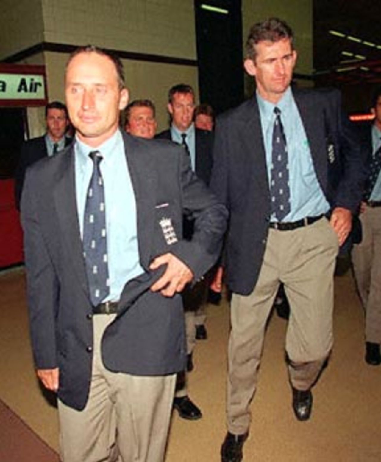 England captain Naseer Hussain with Andy Caddick at the Karachi airport, 16 October 2000