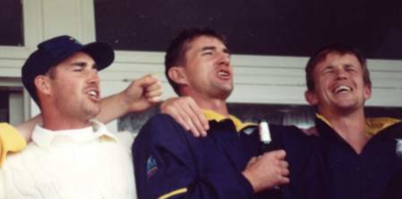 The Glamorgan players singing and celebrating on the balcony at Sophia Gardens in Sept. 2000 after Glamorgan had gained promotion into Division One of the County Championshiup for 2001