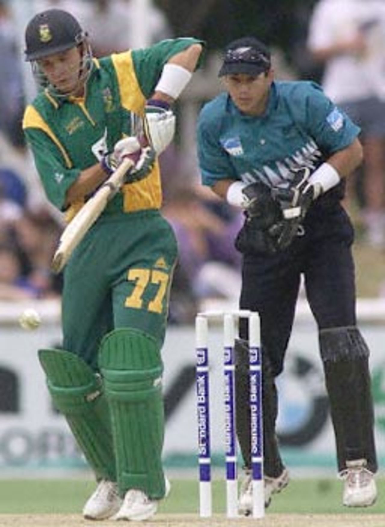 Dippenaar flicks off his hips watched by Parore. New Zealand in South Africa 2000/01, 1st ODI, South Africa v New Zealand North West Cricket Stadium, Potchefstroom, 20 October 2000