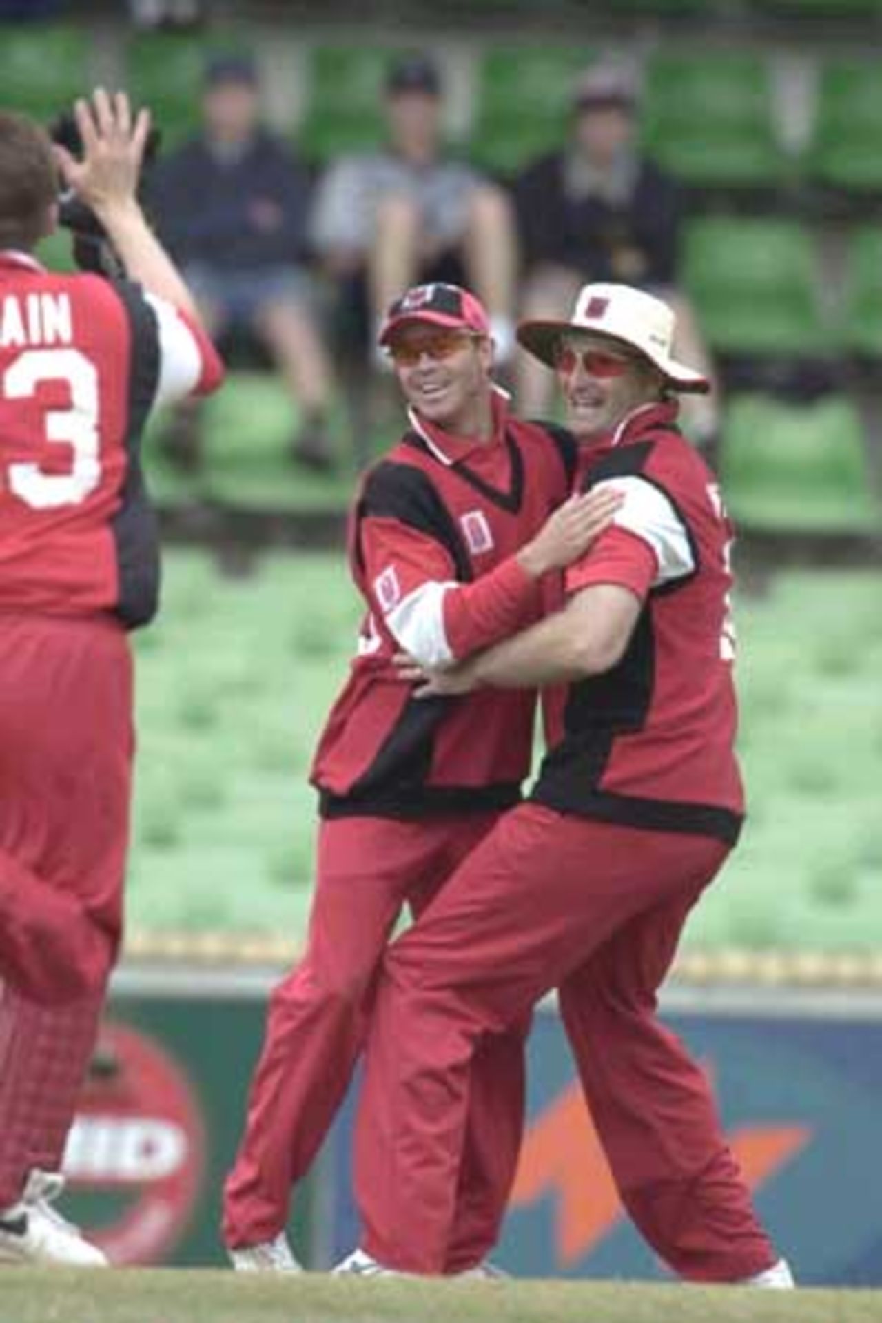 20 Oct 2000: Greg Blewett hugs Paul Wilson of South Australia after Justin Langer (not pictured) was dismissed for a duck in the Mercantile Mutual Cup match between the Western Australian Warriors and South Australian Redbacks at the WACA ground in Perth, Australia.