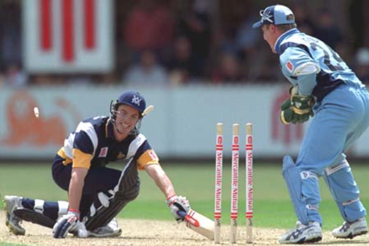 15 Oct 2000 :Brad Haddin of NSW stumps Michael Klinger of VIC off the bowling of Stuart McGill at North Sydney Oval during the Mercantile Mutual Cup Match between Vic and NSW.
