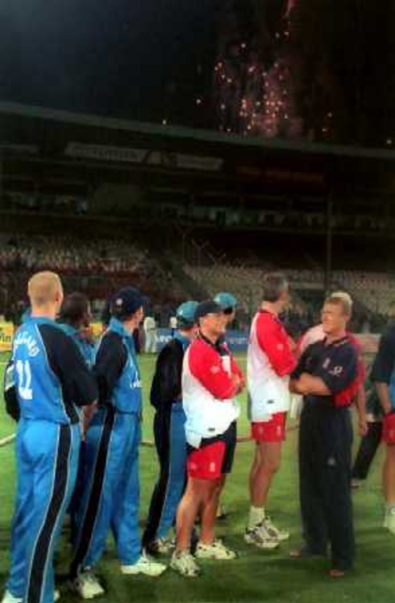 England players watch the fireworks after their historic victory at Karachi, England v Pakistan, 1st ODI At National Stadium Karachi, 24 October 2000