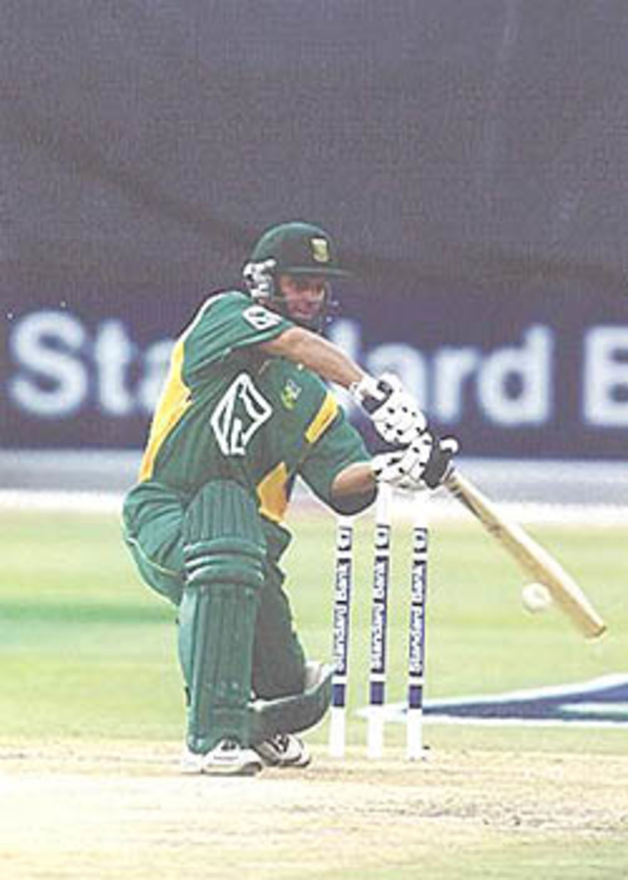 Gary Kirsten gets an inside edge onto the stumps, New Zealand in South Africa 2000/01, 2nd One-Day International, South Africa v New Zealand, Willowmoore Park, Benoni, 22 October 2000.