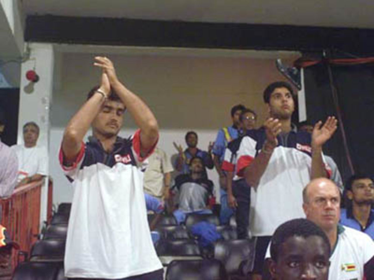 Ganguly and Yuvraj clapping a shot in India's runchase against Zimbabwe, Coca-Cola Champions Trophy, 2000/01, 5th Match, India v Zimbabwe, Sharjah C.A. Stadium, 26 October 2000.