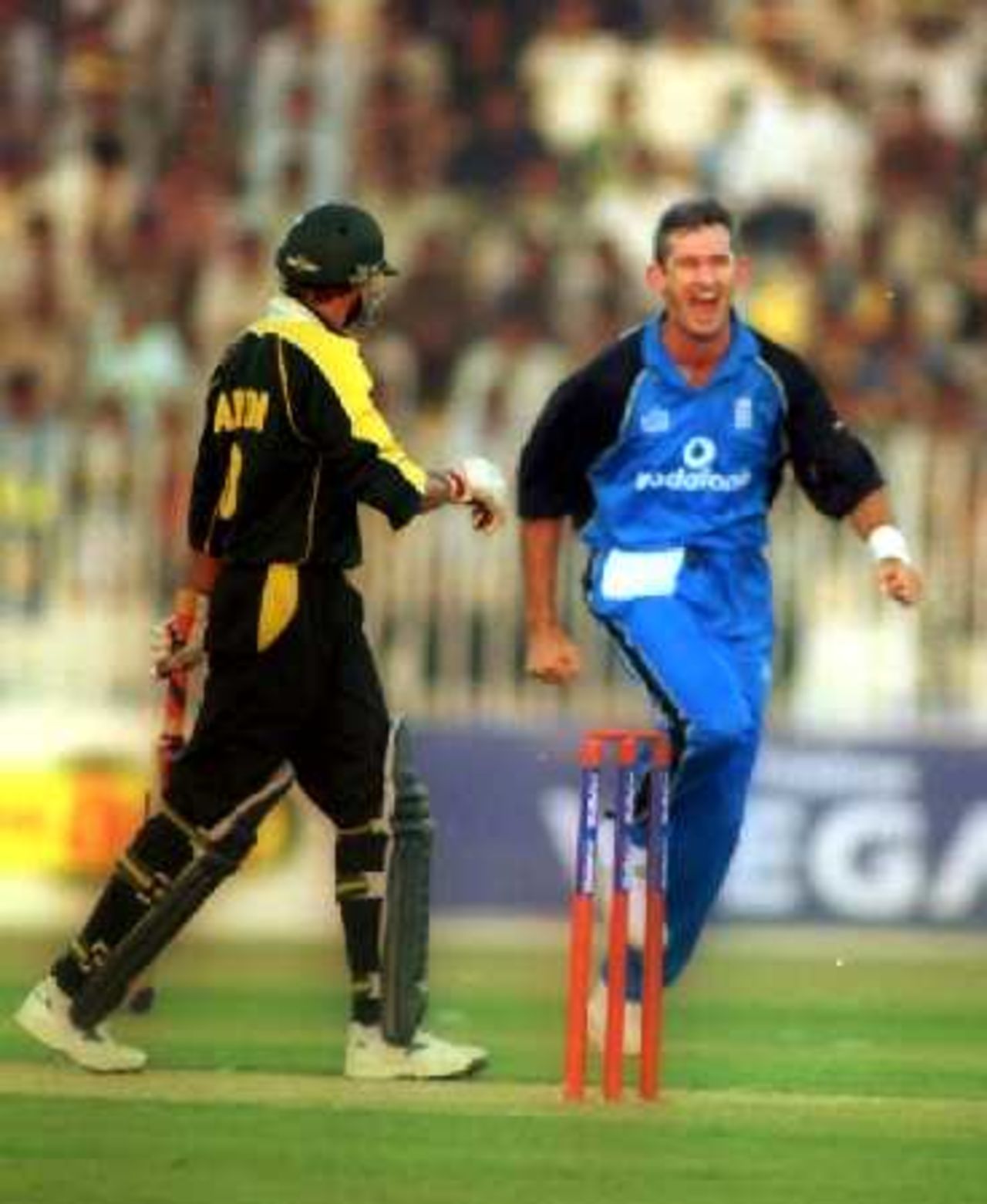 Caddick celebrates as Afridi looks on, England v Pakistan, 3rd ODI at Rawalpindi Stadium, 30 October 2000