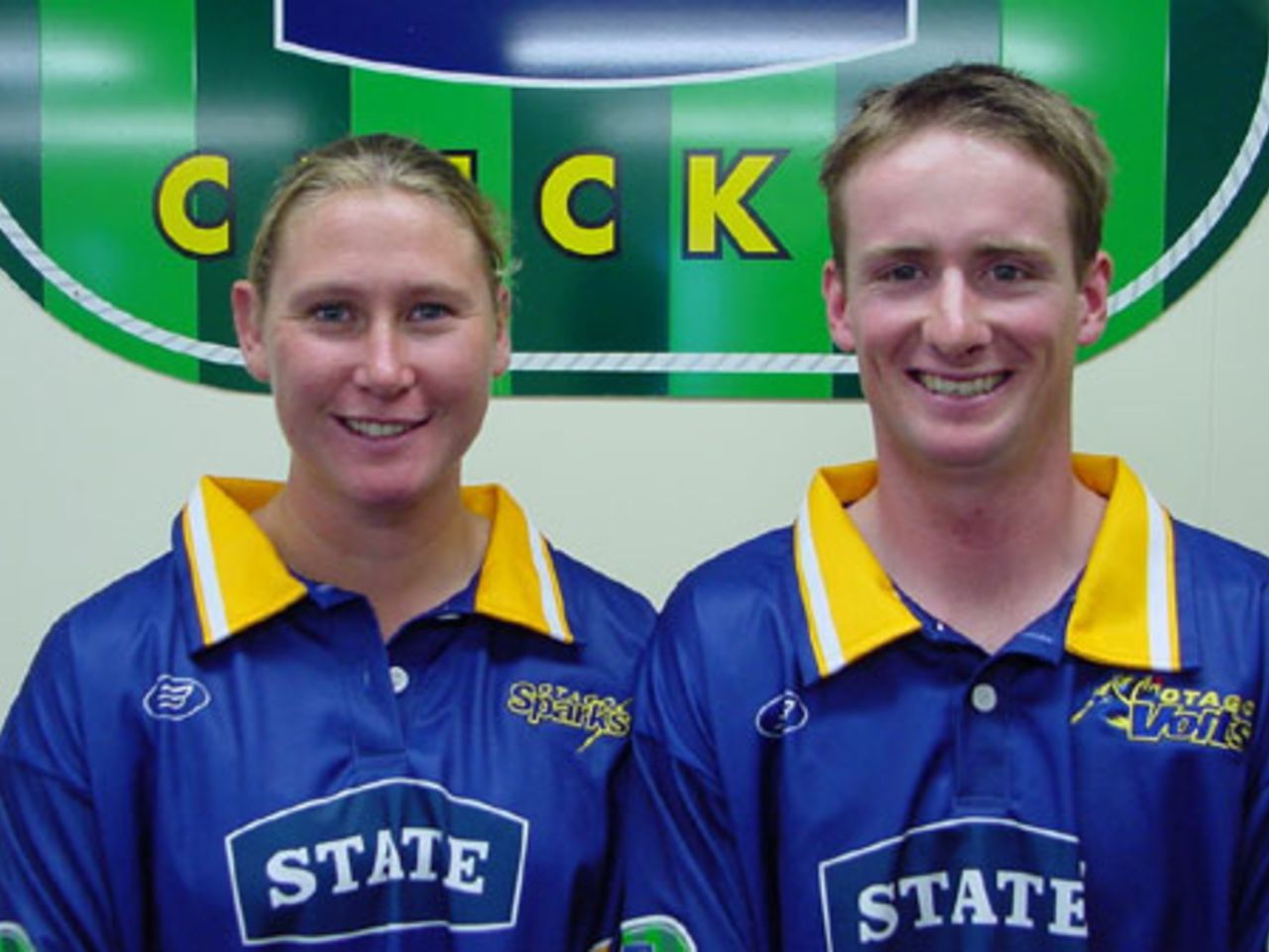 State Otago Sparks player Rowan Milburn and State Otago Volts player Robbie Lawson model the new uniforms for the 2001/02 season. 4 October 2001.