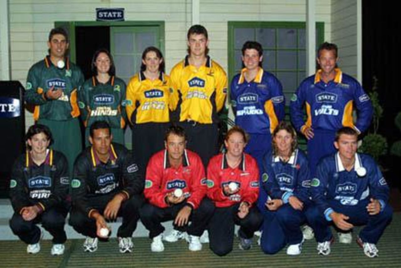 Players from all the New Zealand domestic teams model the 2001/02 uniforms at the season launch. Back, from left: Mathew Sinclair (State Central Stags), Erin McDonald (State Central Hinds), Anna O'Leary (State Wellington Blaze), James Franklin (State Wellington Firebirds), Rachel Pullar (State Otago Sparks) and Mark Richardson (State Otago Volts). Front, from left: Nicola Browne (State Northern Spirit), Daryl Tuffey (State Northern Knights), Craig McMillan (State Canterbury Wizards), Haidee Tiffen (State Canterbury Magicians), Kathryn Ramel (State Auckland Hearts) and Lou Vincent (State Auckland Aces). 4 October 2001.