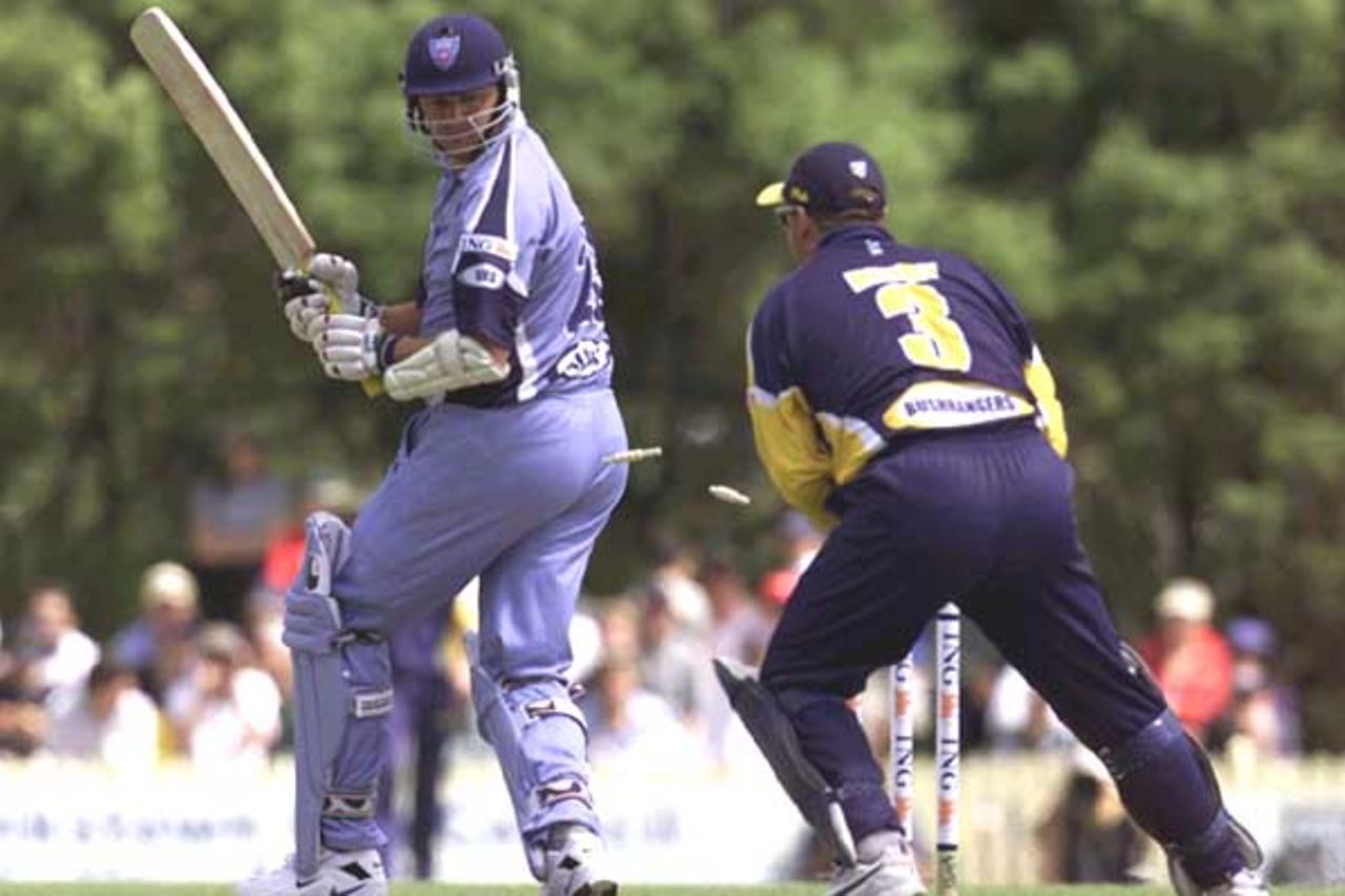 07 Oct 2001: Don Nash of the Blues is stumped by Victorian wicketkeeper Darren Berry during the New South Wales Blues v Victorian Bushrangers ING Cup match played at Bankstown Oval in Sydney, Australia.