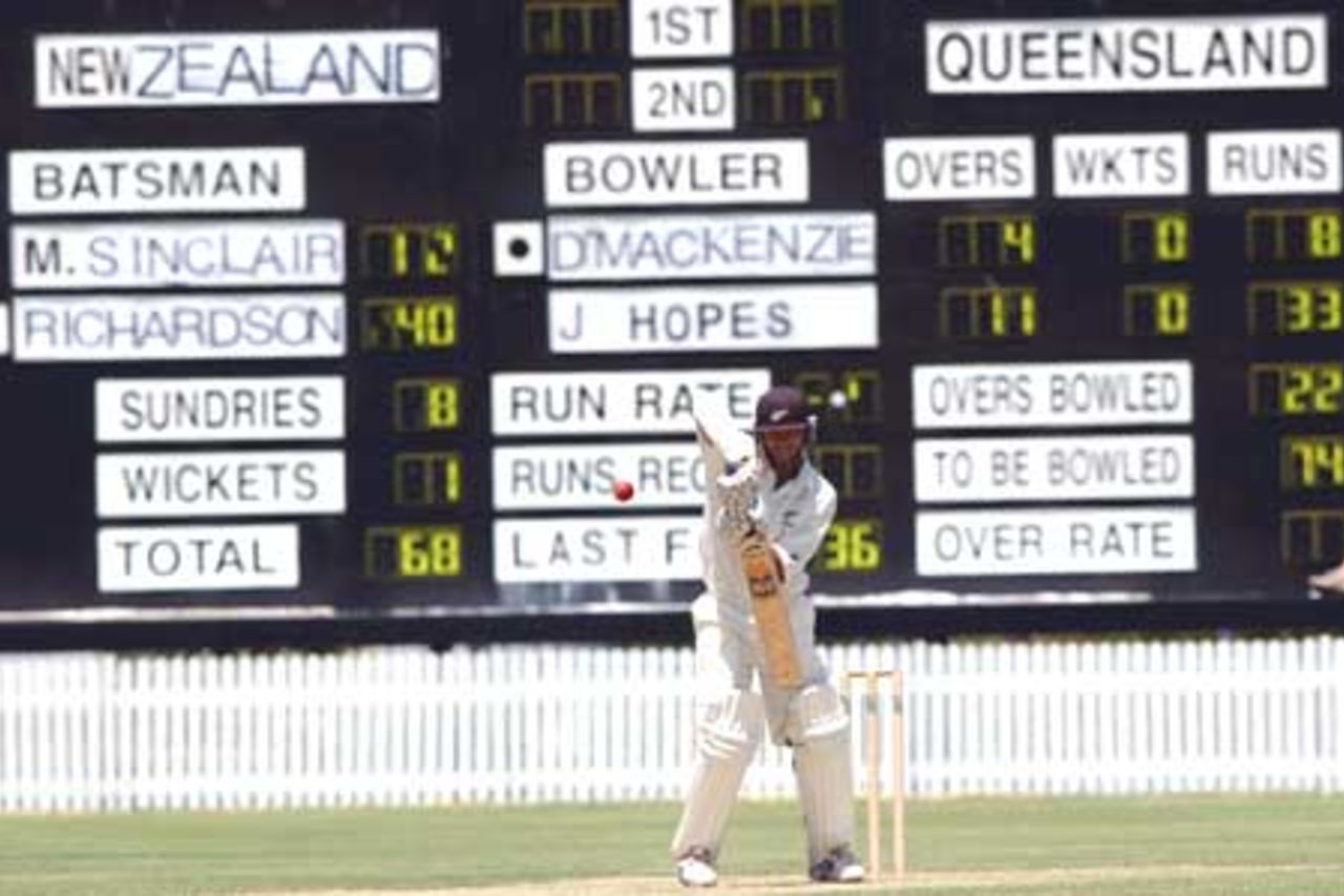 16 Oct 2001: Mark Richardson of New Zealand in action during the New Zealand Cricket team's tour match against the Queensland Academy of Sport XI which is being played at Allan Border Field in Brisbane, Australia.