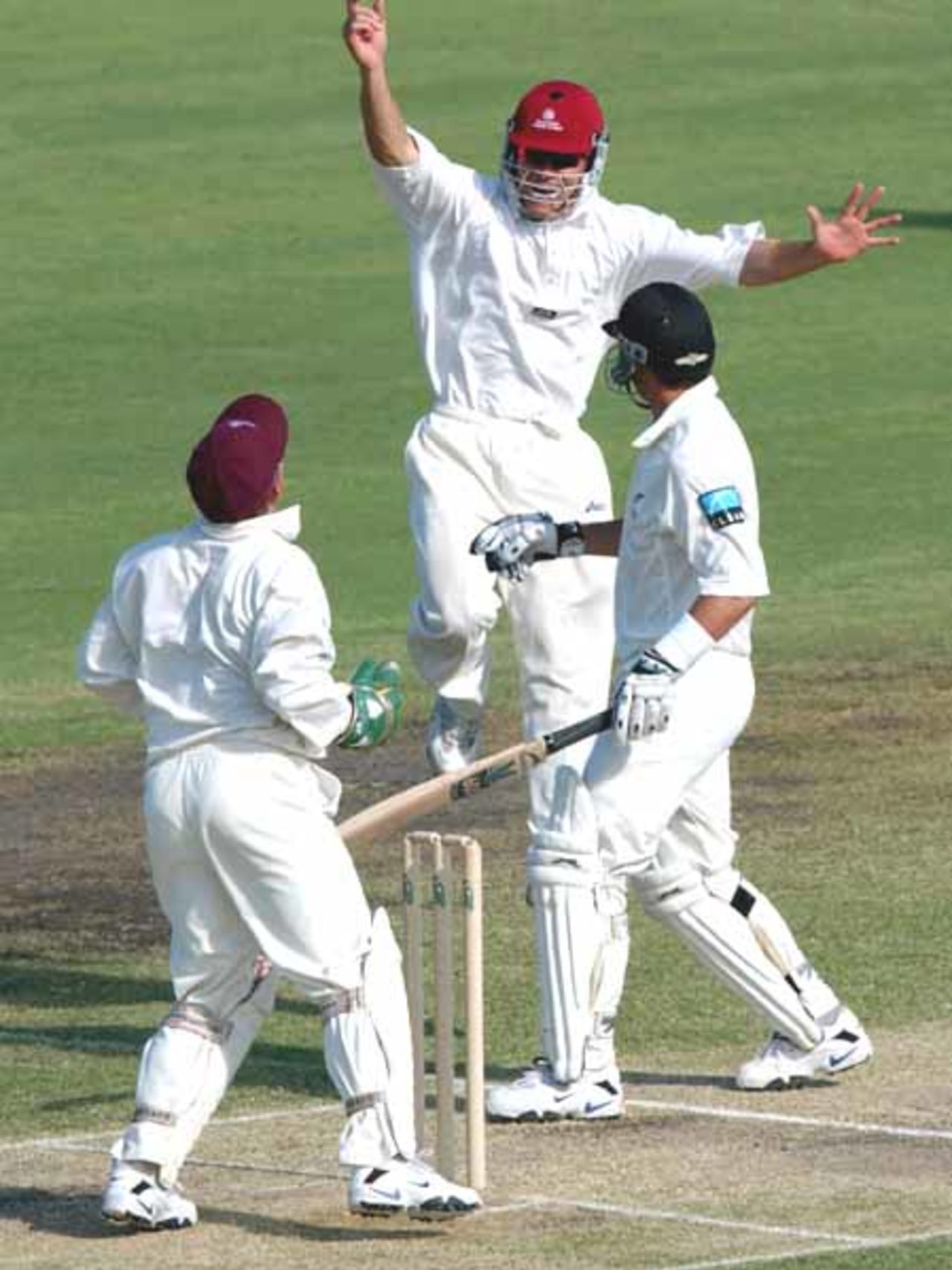 16 Oct 2001: Daniel Payne of Queensland unsuccessfully appeals for the wicket of Adam Parore of New Zealand in action during the New Zealand Cricket team's tour match against the Queensland Academy of Sport XI which is being played at Allan Border Field in Brisbane, Australia.