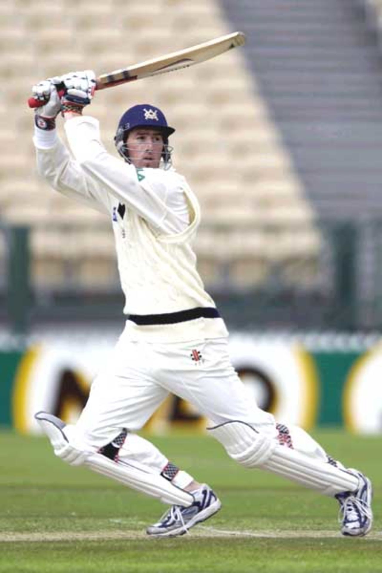 17 Oct 2001: Victorian vice captain Matthew Elliott sends SA bowler Mark Harrity to the boundary in the Pura Cup match between the Southern Redbacks and the Victoria Bushrangers played at Adelaide Oval, Adelaide, Australia.