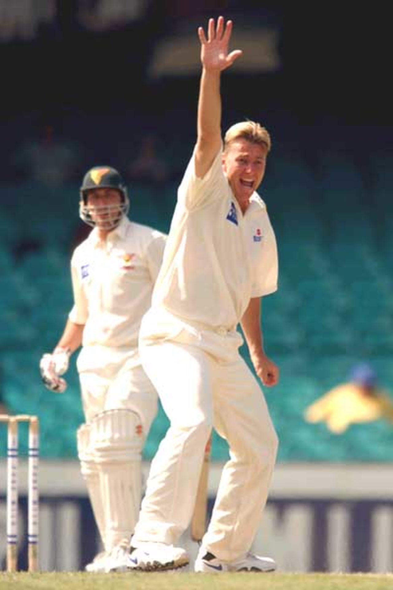 18 Oct 2001: Shane Lee of the Blues takes a wicket during day two of the Pura Milk Cup cricket match between the New South Wales Blues and the Tasmanian Tigers held at the Sydney Cricket Ground, Sydney, Australia.