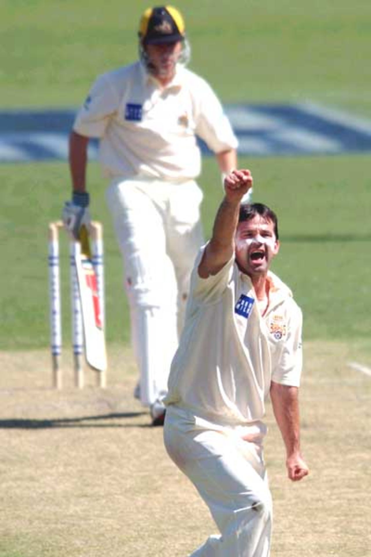18 Oct 2001: Adam Dale of Queensland appeals unsuccessfully for the wicket of Marcus North of Western Australia during the Pura Cup cricket match between Queensland and Western Australia which is being played at the Gabba in Brisbane, Australia.