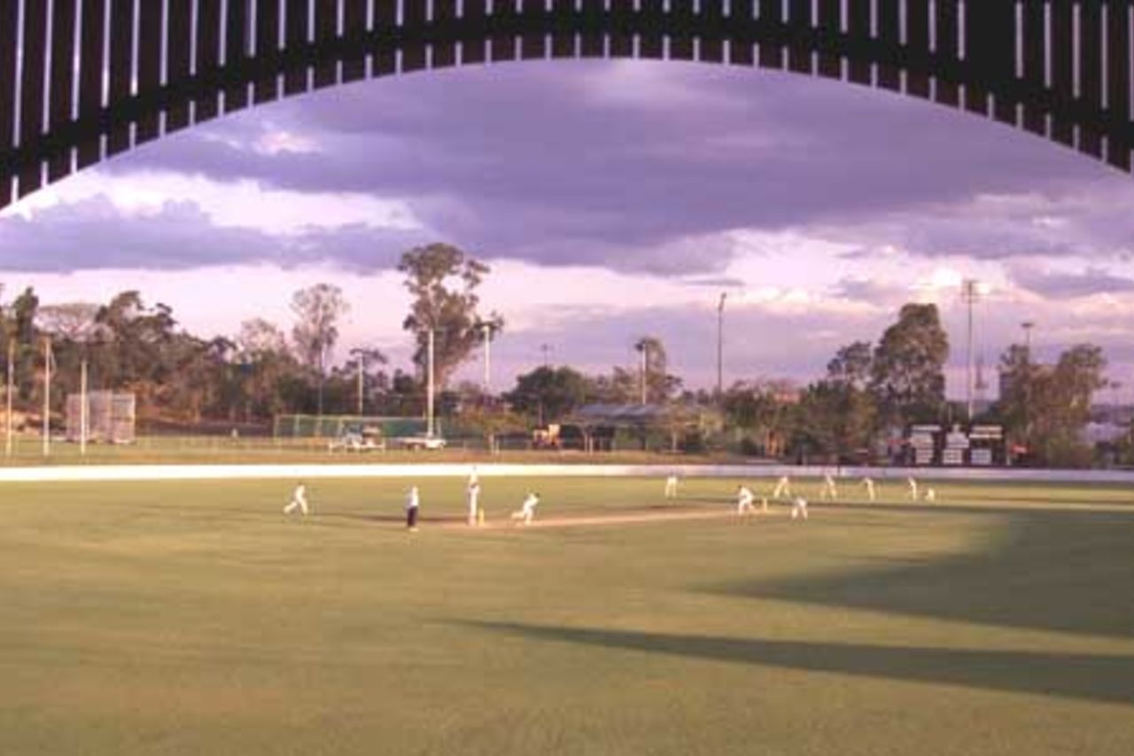 18 Oct 2001: General view of play from the pavilion during afternoon play between New Zealand and the Queensland XI at the Allan Border Field, Brisbane, Australia.