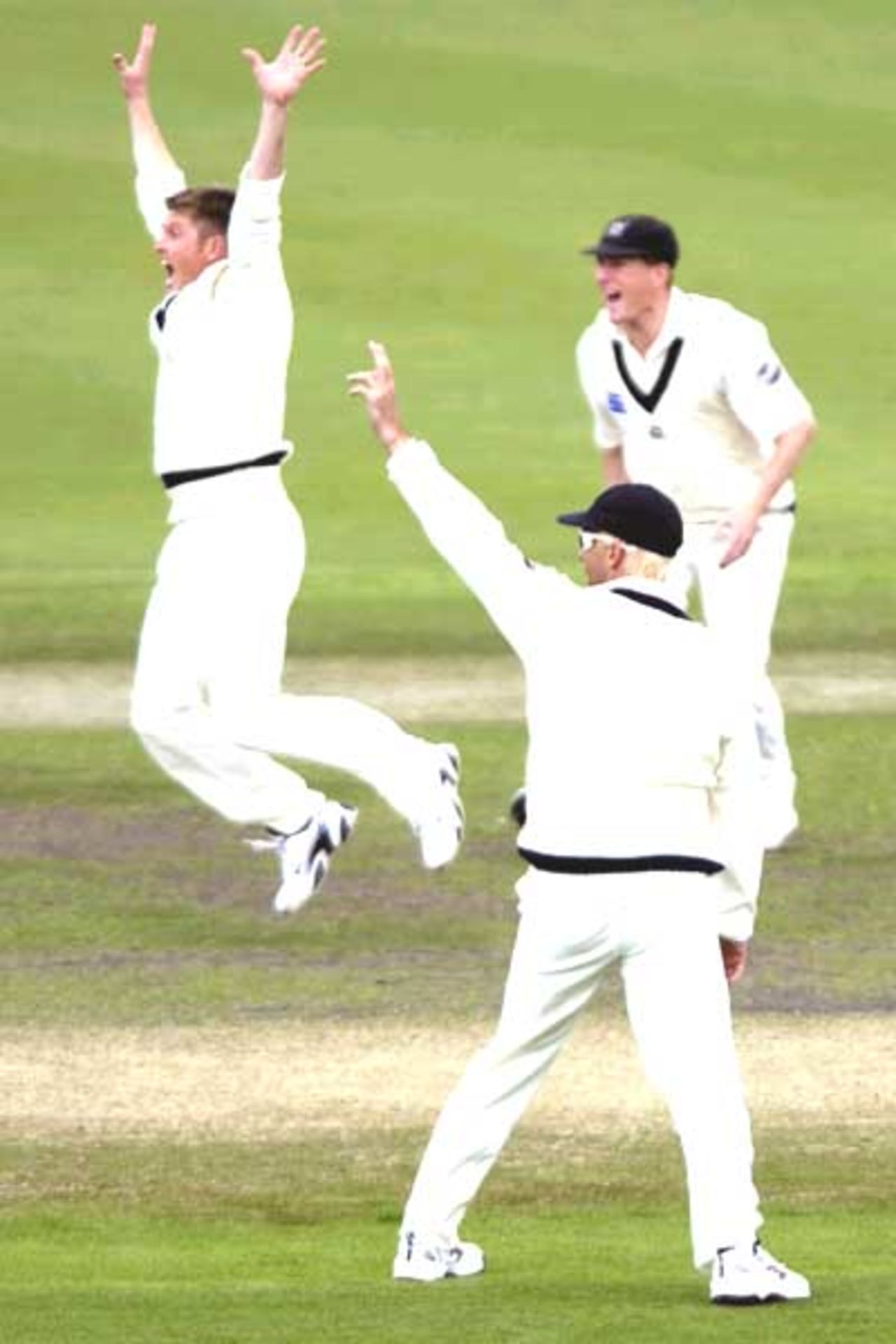 19 Oct 2001: Victorian bowler Ian Harvey leaps for joy as he takes his hat trick, Darren Dempsey LB for 0, in the Pura Cup match between the Southern Redbacks and the Victoria Bushrangers played at Adelaide Oval, Adelaide, Australia.