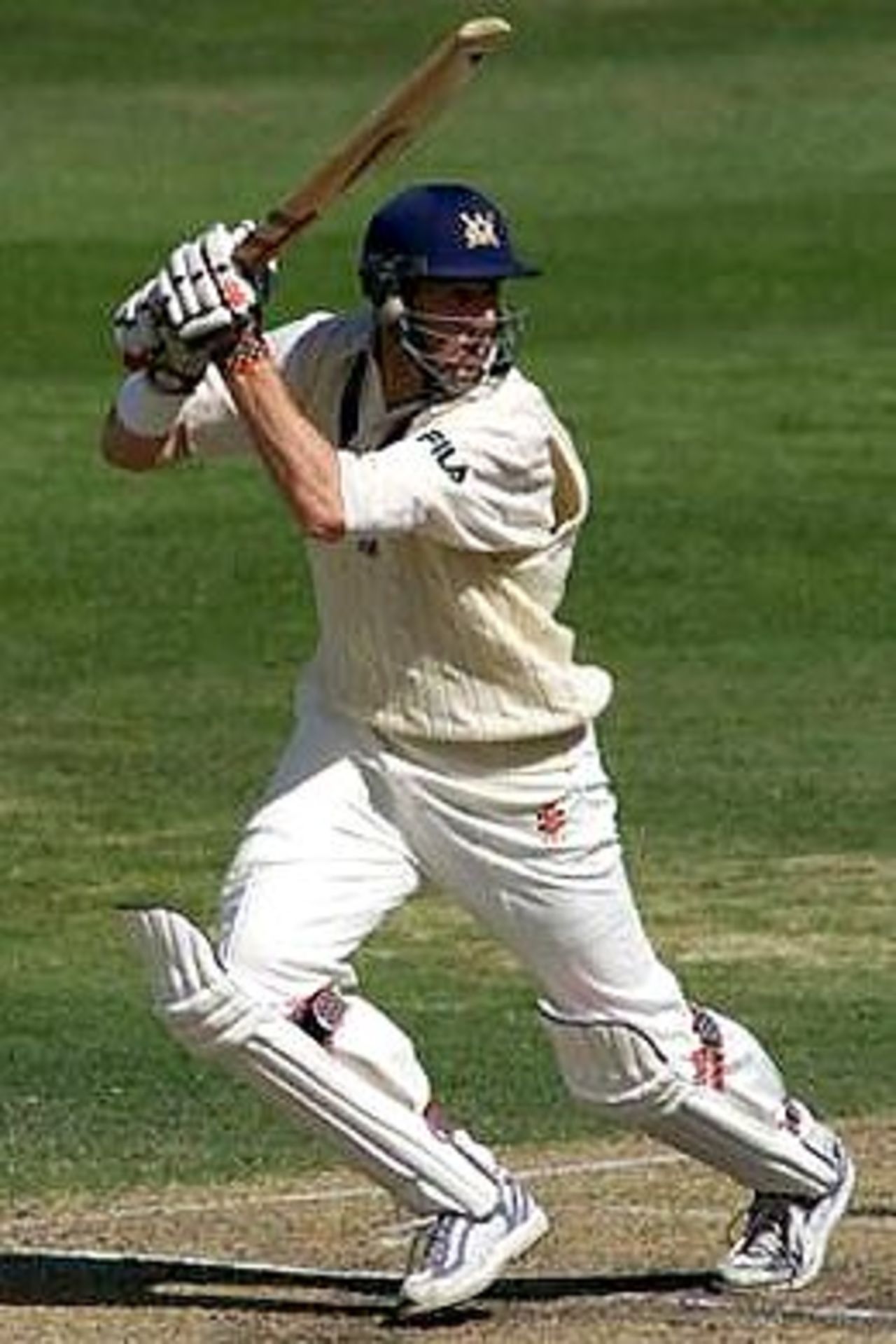 25 Oct 2001: Matthew Elliott of Victoria hits out, during day two of the Pura Cup Match between Victoria and Queensland, played at Punt Road Oval, Melbourne, Australia.