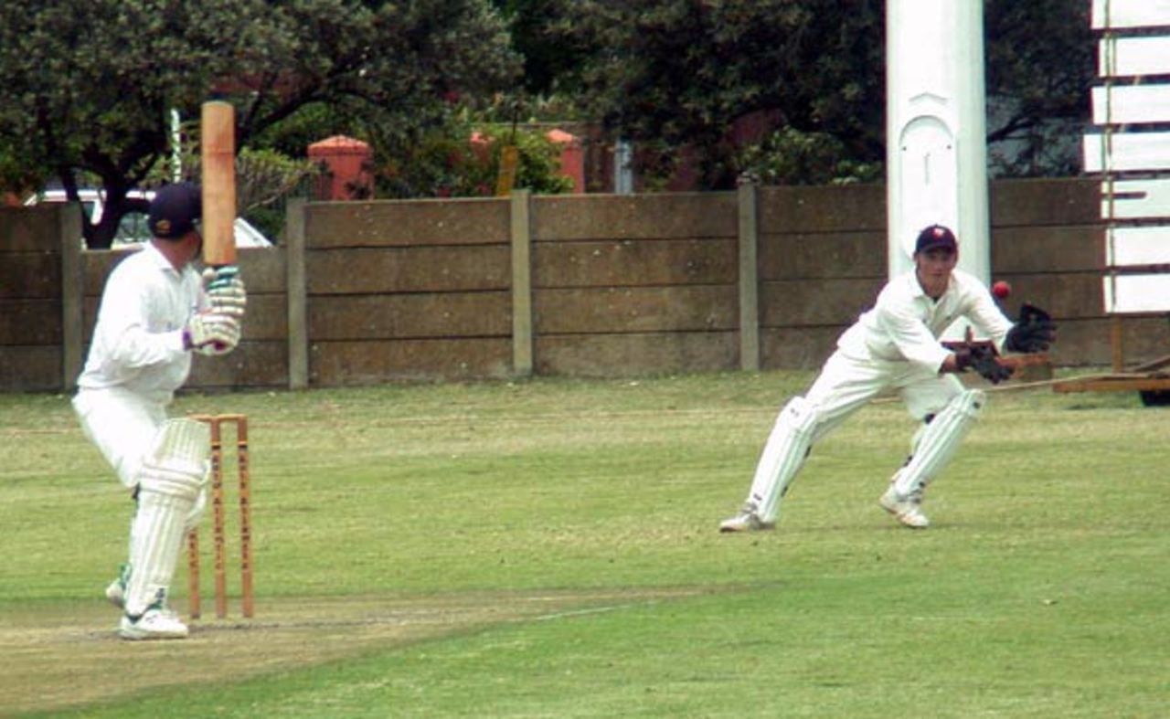Ross Bannatyne of Pinelands looks back as he edges a catch to WPCC's wicketkeeper Bradley van Beuge