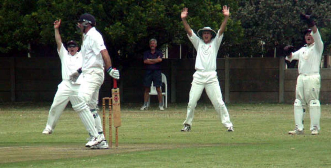 Wayne Bird of Pinelands survives a confident LBW appeal against WPCC