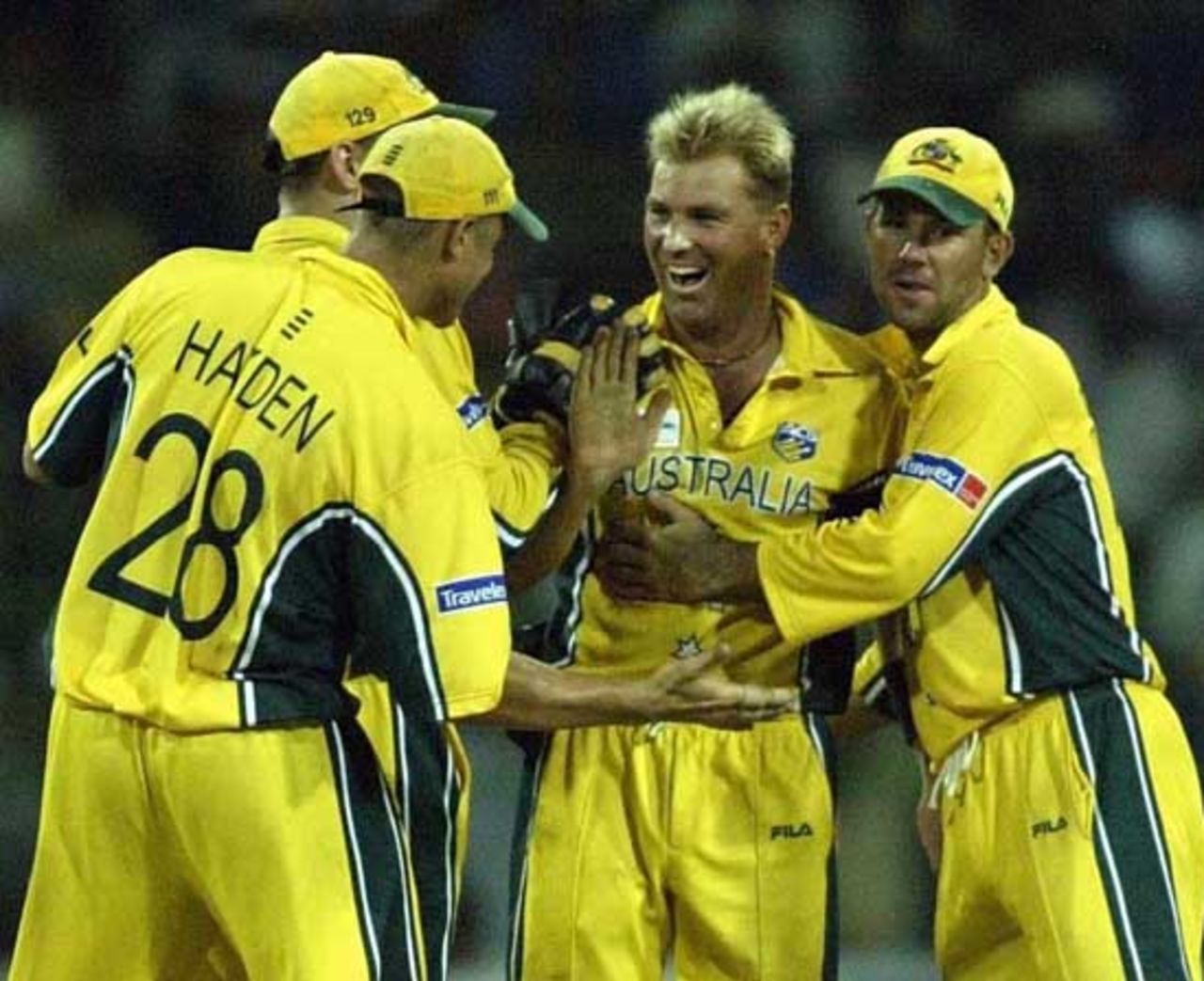 Shane Warne of Australia celebrates dismissing Sanath Jayasuriya of Sri Lanka during the ICC Champions Trophy semi final match between Sri Lanka and Australia at the Premadasa Stadium in Colombo, Sri Lanka  on September 27, 2002.