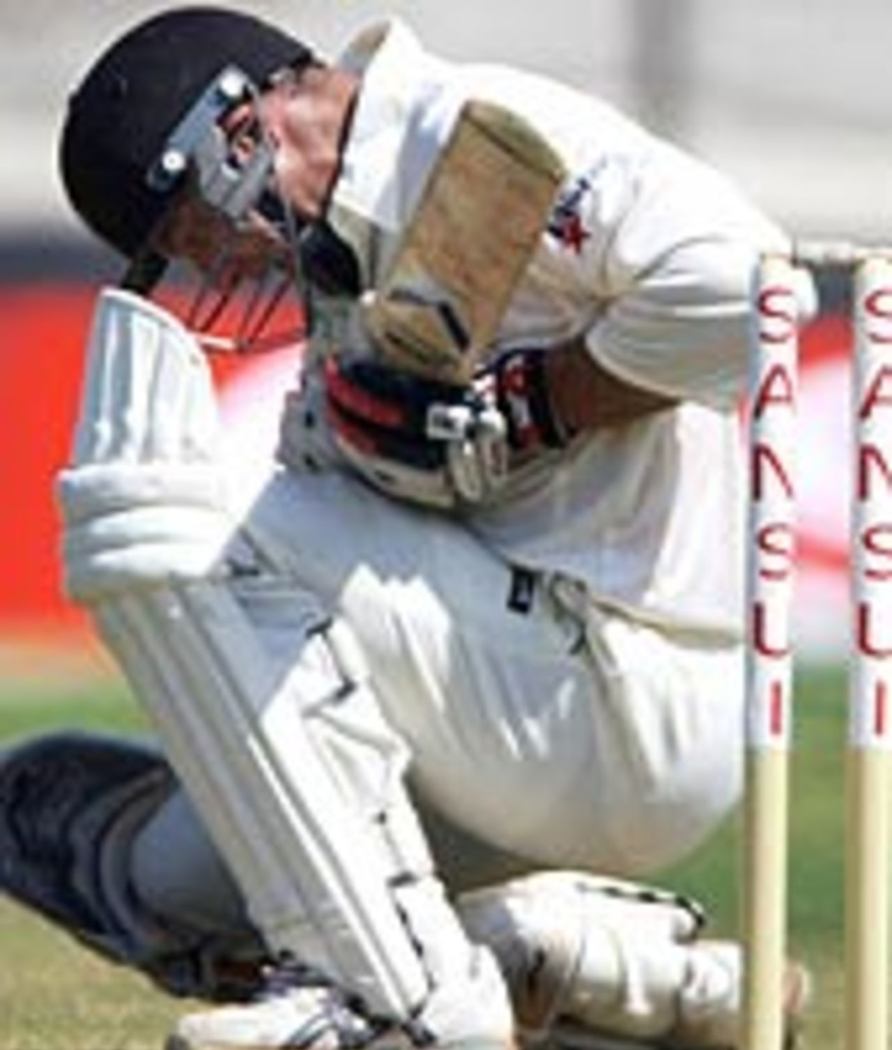 Mark Richardson gets out of the way of a bouncer in the tour match, India A v New Zealanders, Rajkot, October 2, 2003