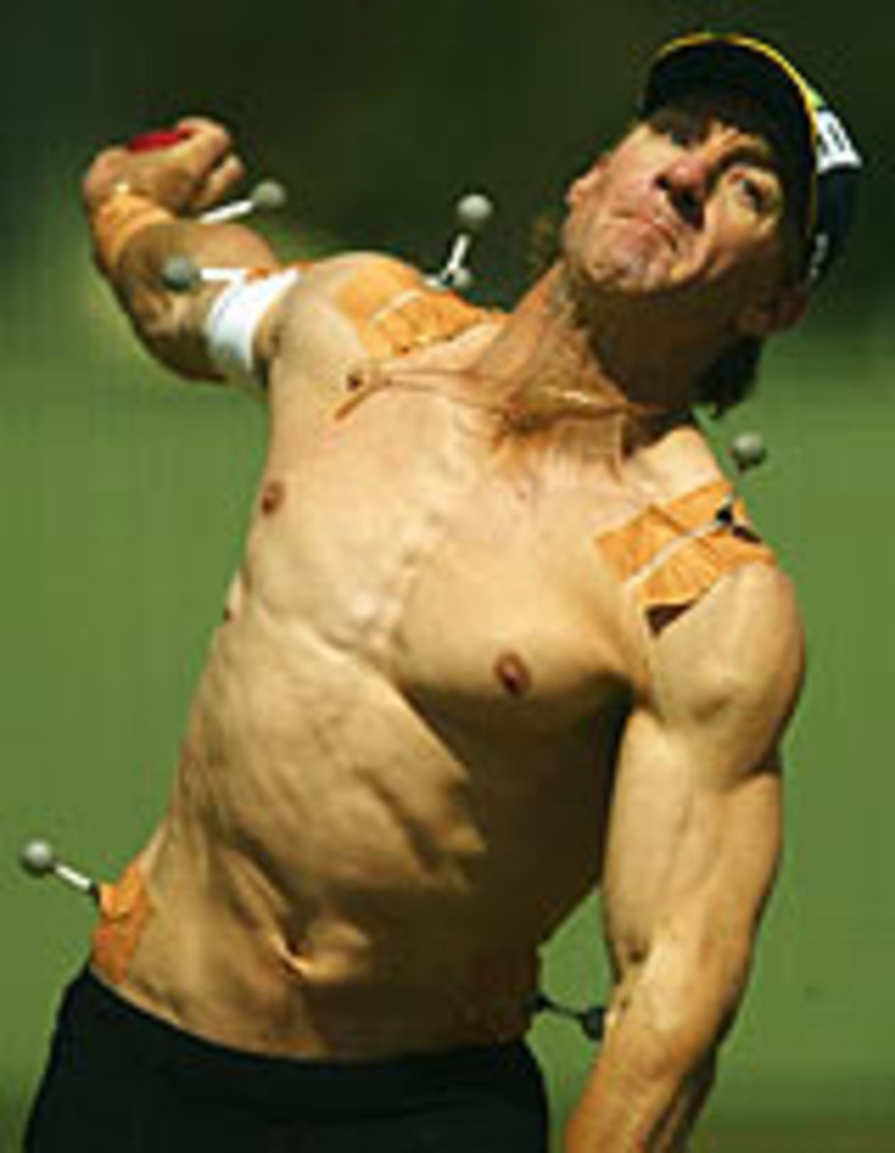 Andy Bichel goes through his paces while being monitored through sensors attached to his body, October 4, 2003