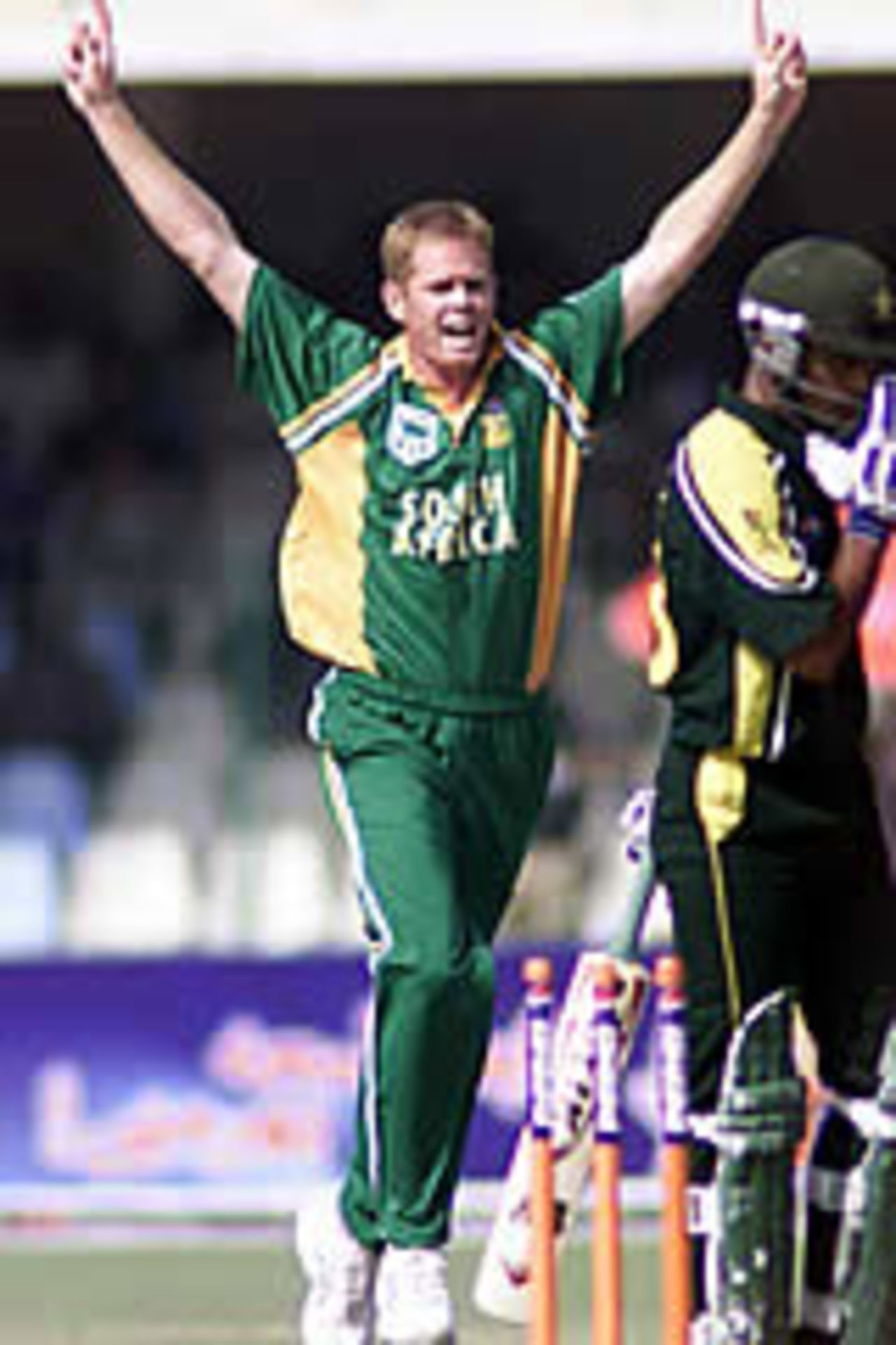 Shaun Pollock celebrates his only wicket, Lahore, ODI2, Pakistan v South Africa, October 5, 2003.