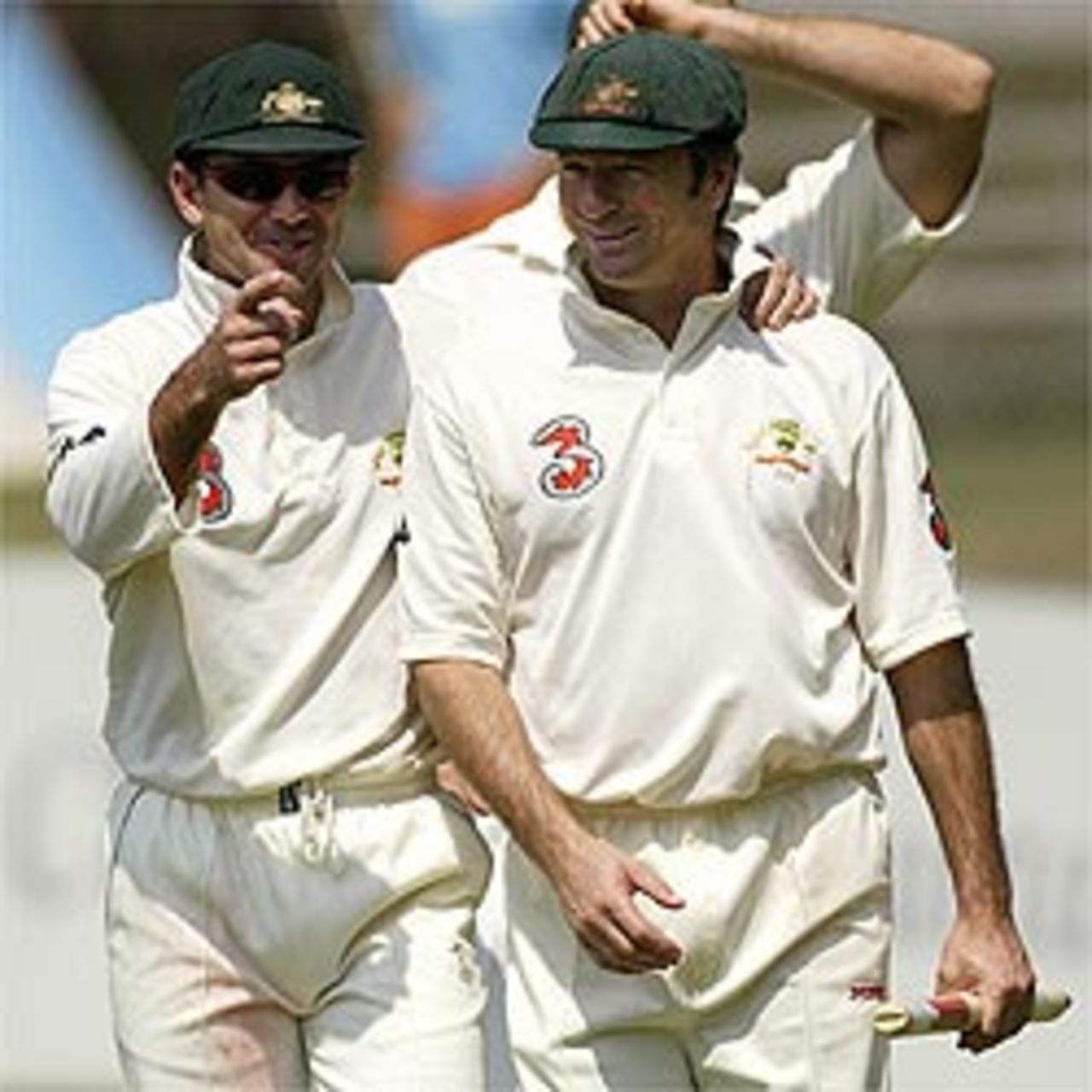 Steve Waugh of Australia (r), who was named man of the match with team mate Ricky Ponting share a laugh during day three of the First Test between Australia and Bangladesh played at Marrara Oval July 20, 2003 in Darwin, Australia