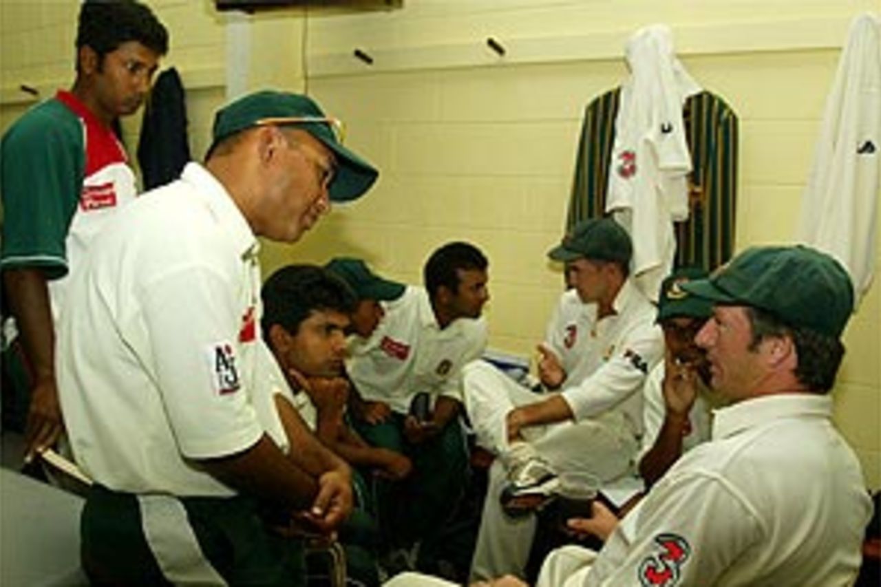 Steve Waugh of Australia speaks to several of the Bangladesh players in the change rooms after day four of the Second Test between Australia and Bangladesh played at The Bundaberg Rum Stadium on July 28, 2003, Cairns, Australia.