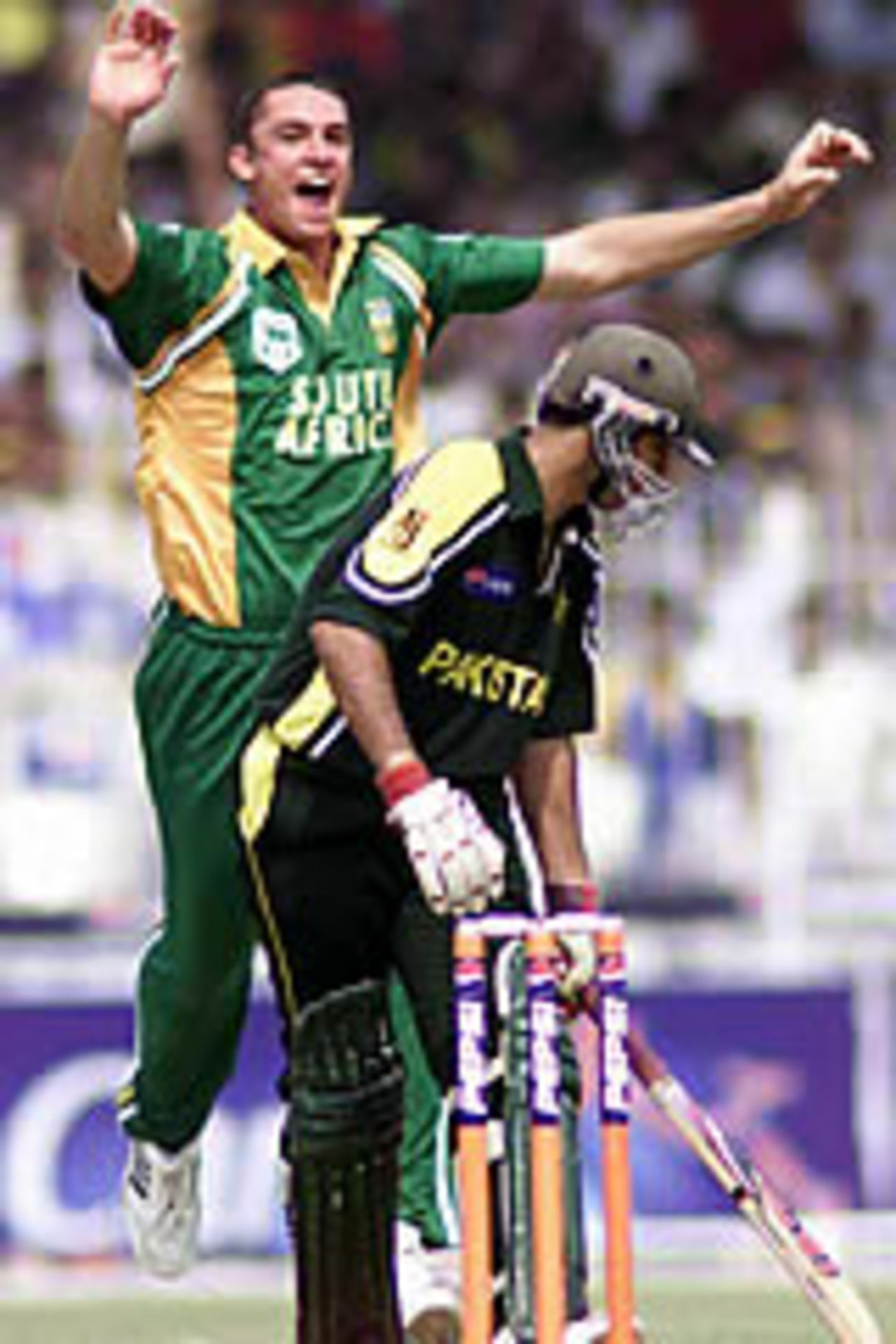 Andre Nel celebrates Faisal Iqbal's wicket, Pakistan v South Africa, 3rd ODI, Faisalabad, October 7, 2003.