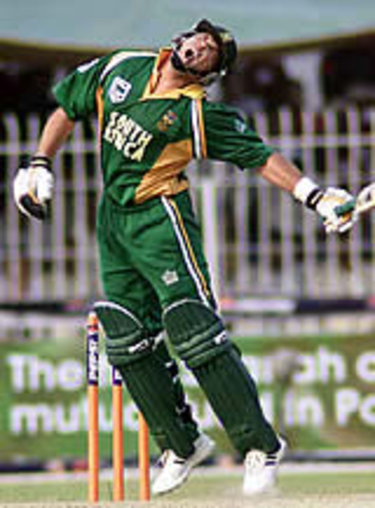 Shoaib Akhtar's beamer causes problems for Jacques Kallis during his 62-run innings, Pakistan v South Africa, 3rd ODI, Faisalabad, October 7, 2003.