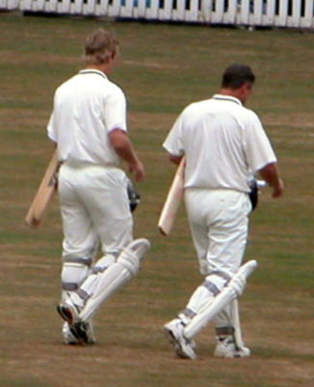 Robin Smith walks off the field with runner Jimmy Adams at Taunton in what proved to be his last ever innings for Hampshire.