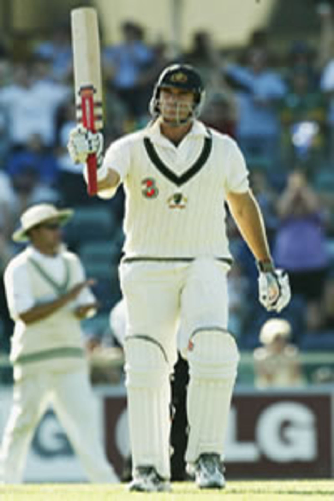 Matthew Hayden of Australia reaches 100 during day one of the First Test between Australia and Zimbabwe played at the WACA on October 9, 2003 in Perth, Australia.