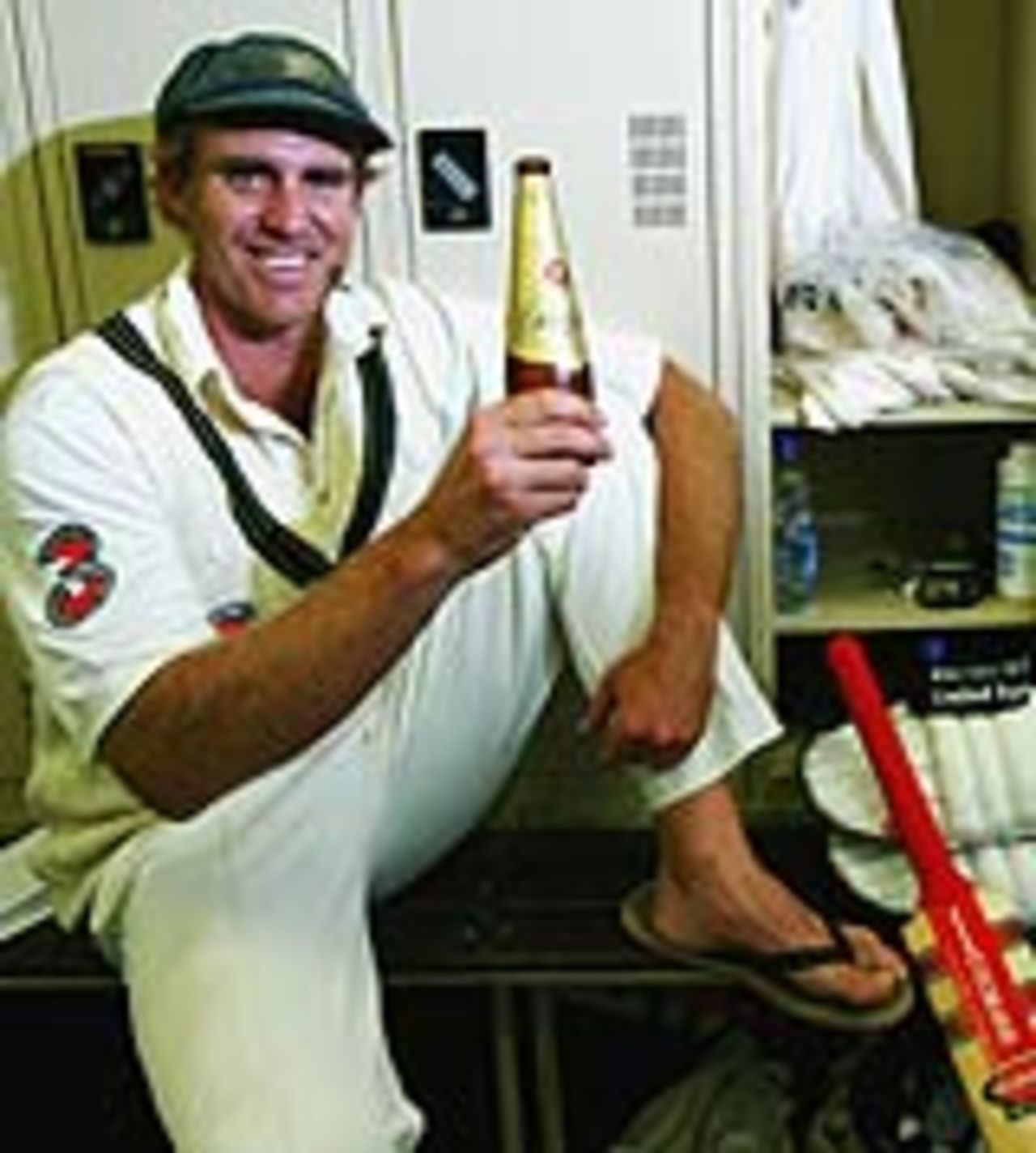 Matthew Hayden celebrates passing Brian Lara's record Test score with a beer, Australia v Zimbabwe, 1st Test, Perth, October 10, 2003