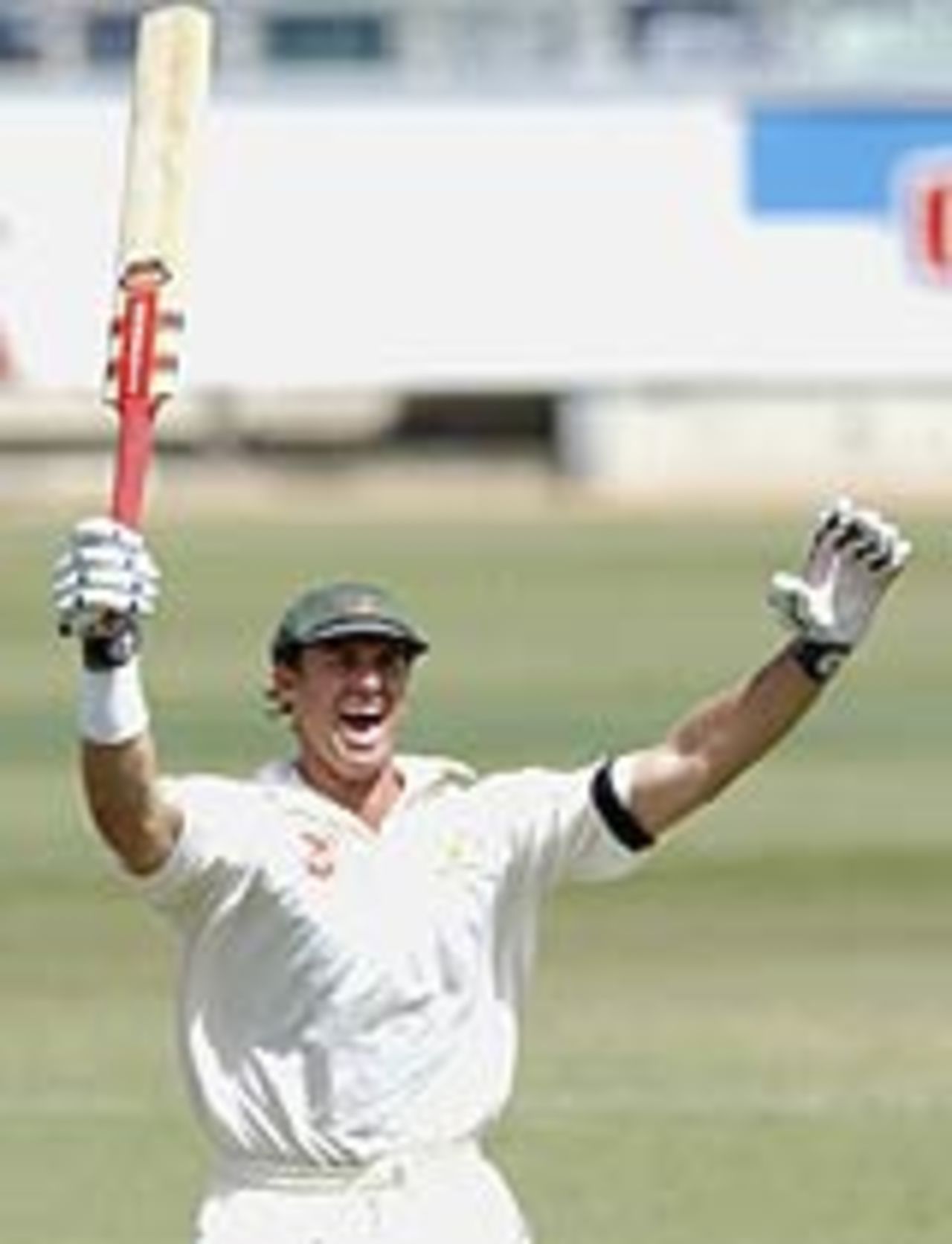 Matthew Hayden celebrates passing Brian Lara's record Test score , Australia v Zimbabwe, 1st Test, Perth, October 10, 2003