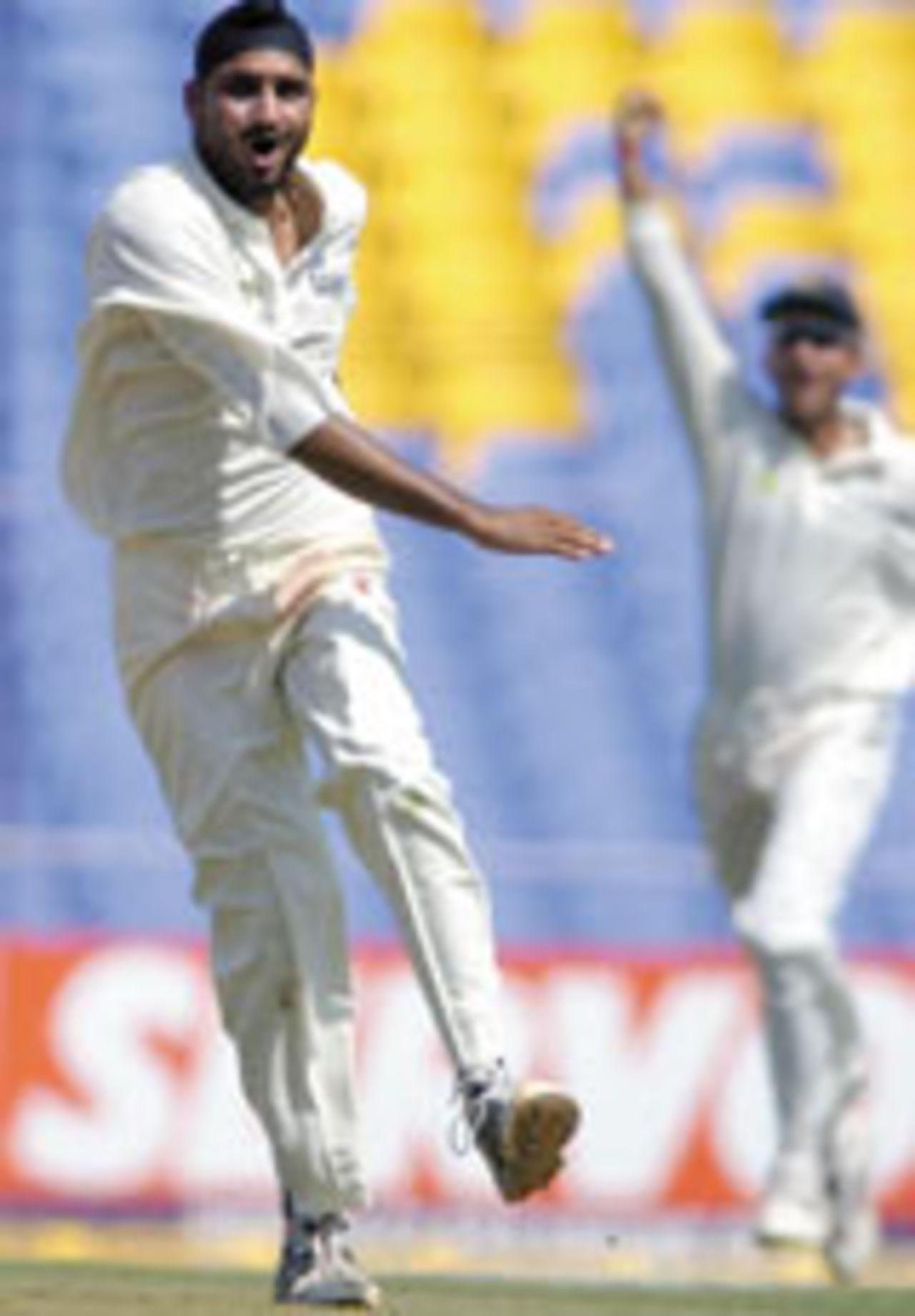 Harbhajan Singh celebrates after dismissing Scott Styris in New Zealand's first innings, India v New Zealand, 1st Test, Ahmedabad, 3rd Day, October 10, 2003