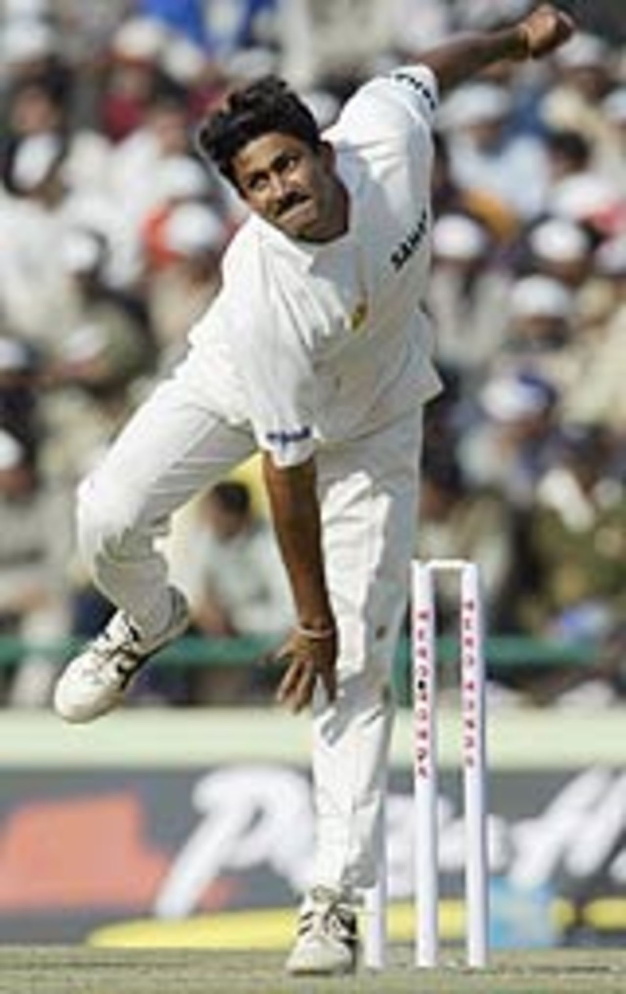 Anil Kumble delivers for India in the first Test against England at Mohali, December 6, 2001